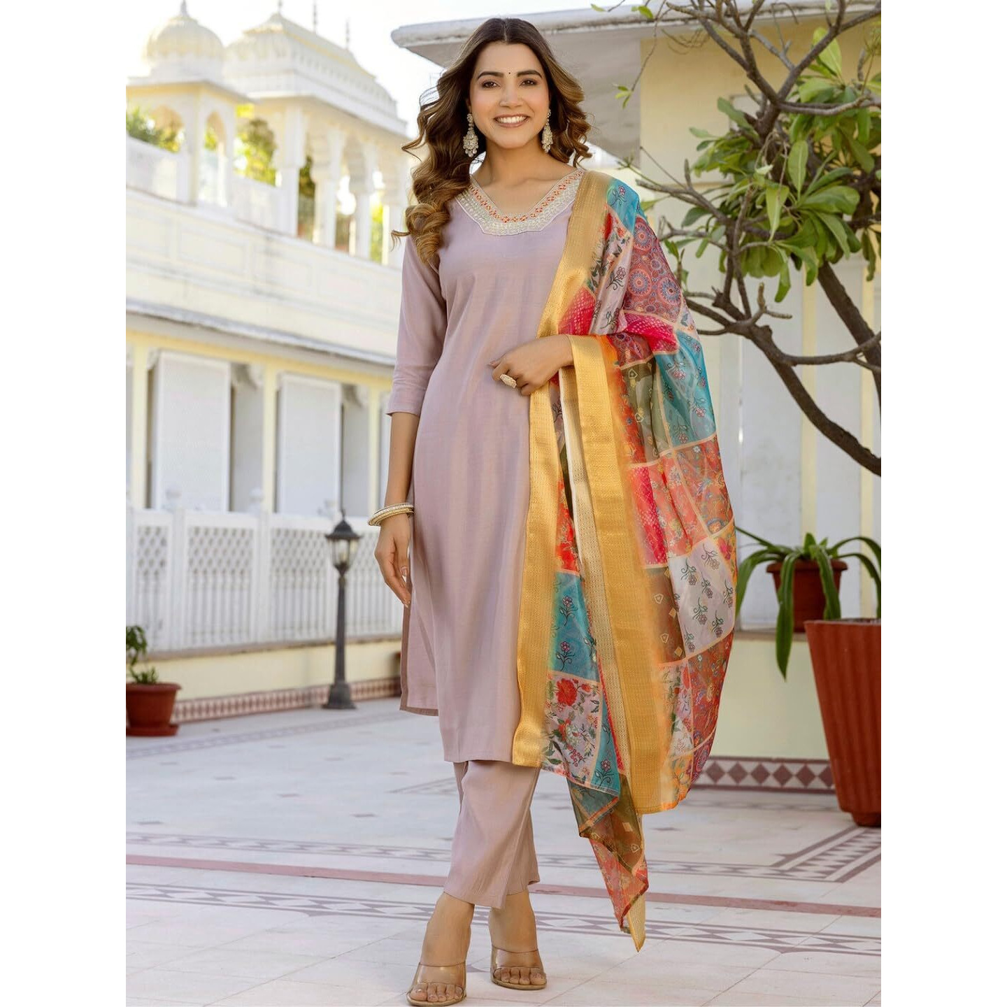 Navlik Women's Embroidered Straight Kurta with Pant and Dupatta Sets (578) (Size Medium, Color Chiku)