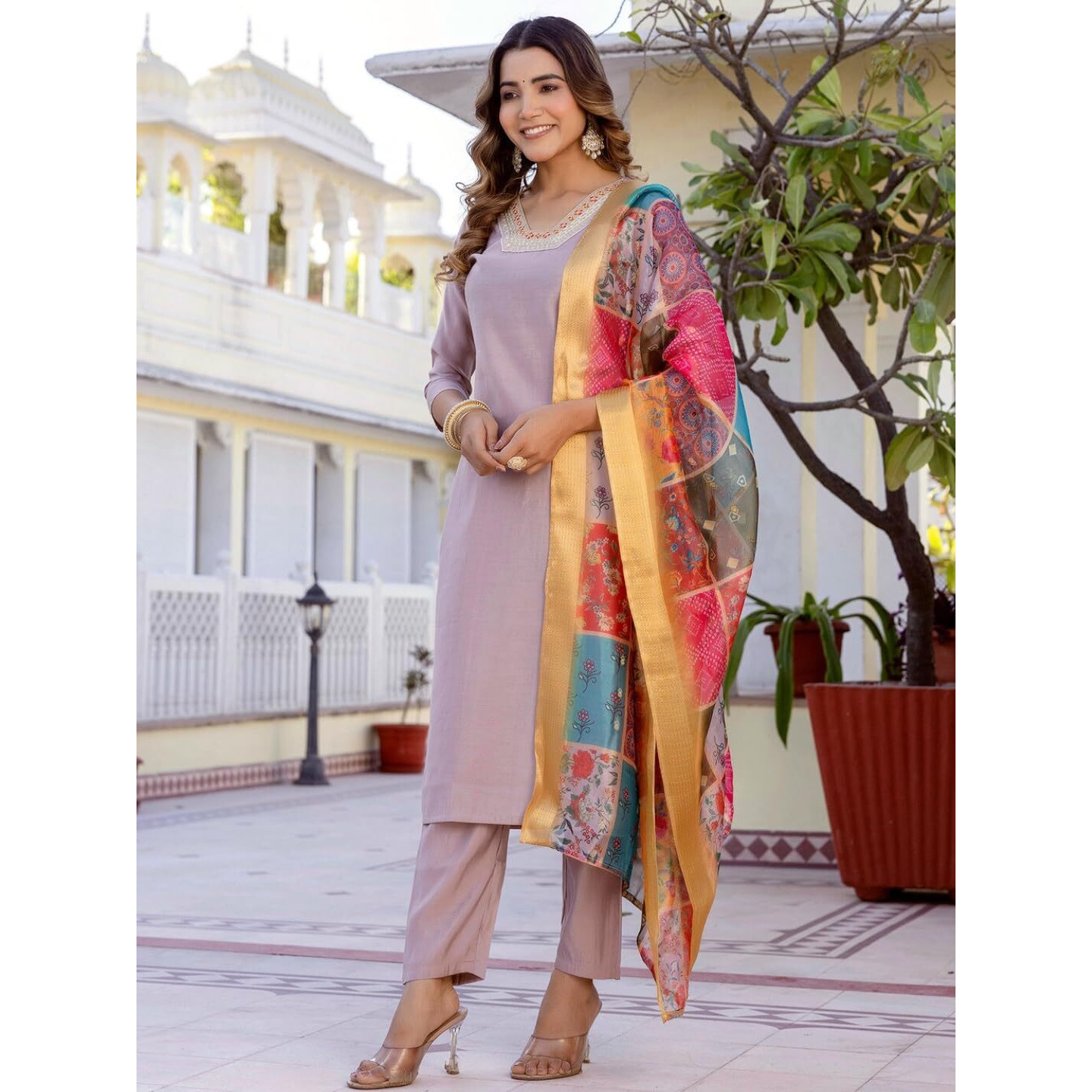 Navlik Women's Embroidered Straight Kurta with Pant and Dupatta Sets (578) (Size Medium, Color Chiku)