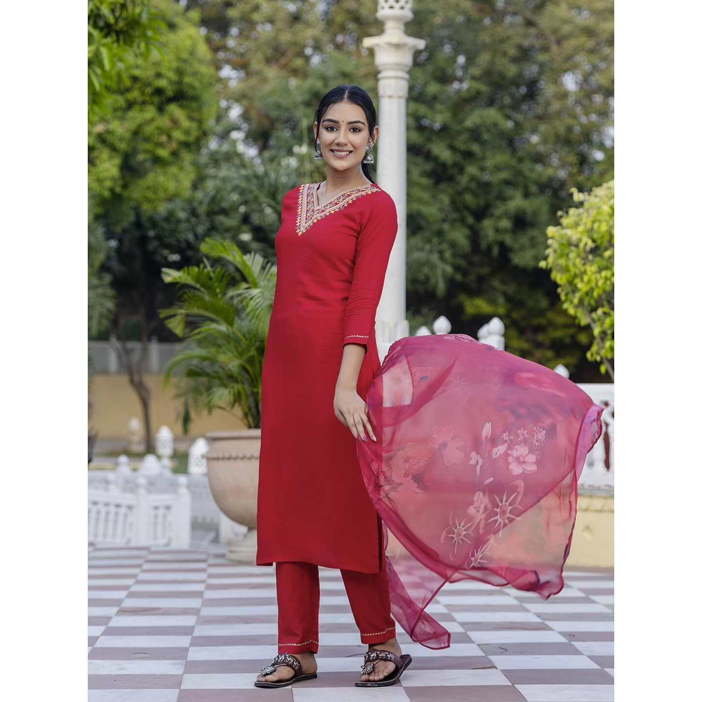 Navlik Women's Red Rayon Embroidered Straight Kurta with Rayon Pant and Silk Printed Dupatta Sets (NK-580) (Size XX-Large, Color Red)
