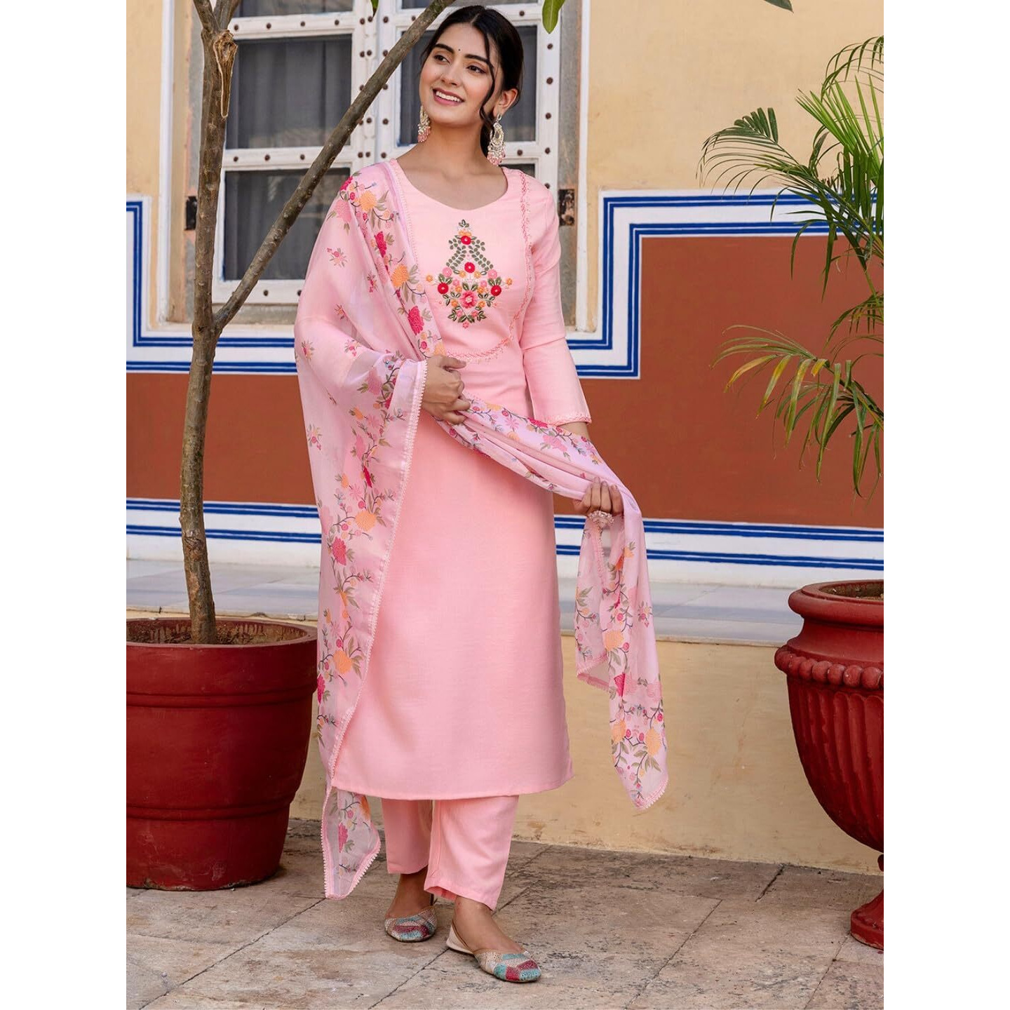 Navlik Women's Rayon Embroidered Straight Kurta with Pant And Dupatta Sets (NK-584) (Size XX-Large, Color Peach)