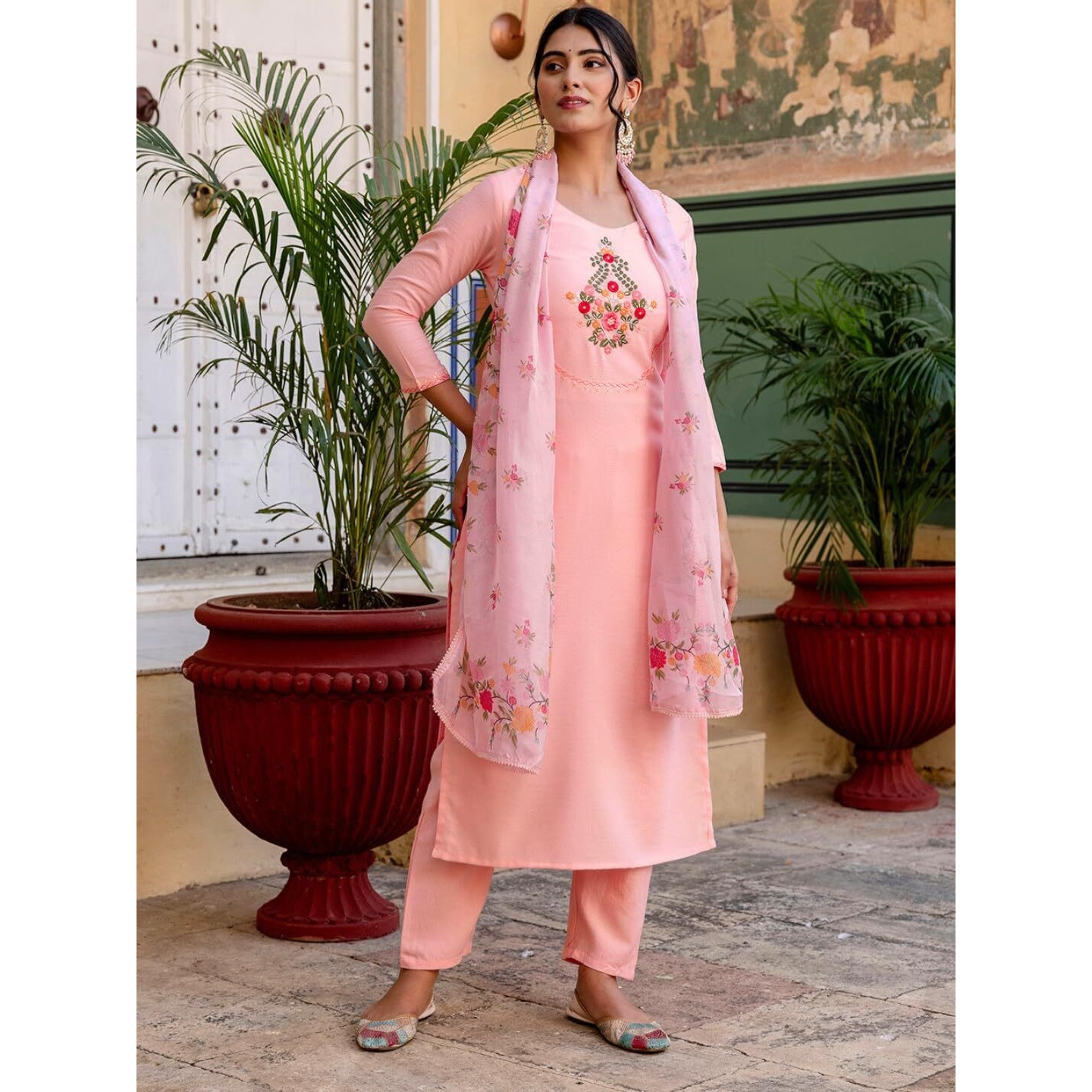 Navlik Women's Rayon Embroidered Straight Kurta with Pant And Dupatta Sets (NK-584) (Size XX-Large, Color Peach)
