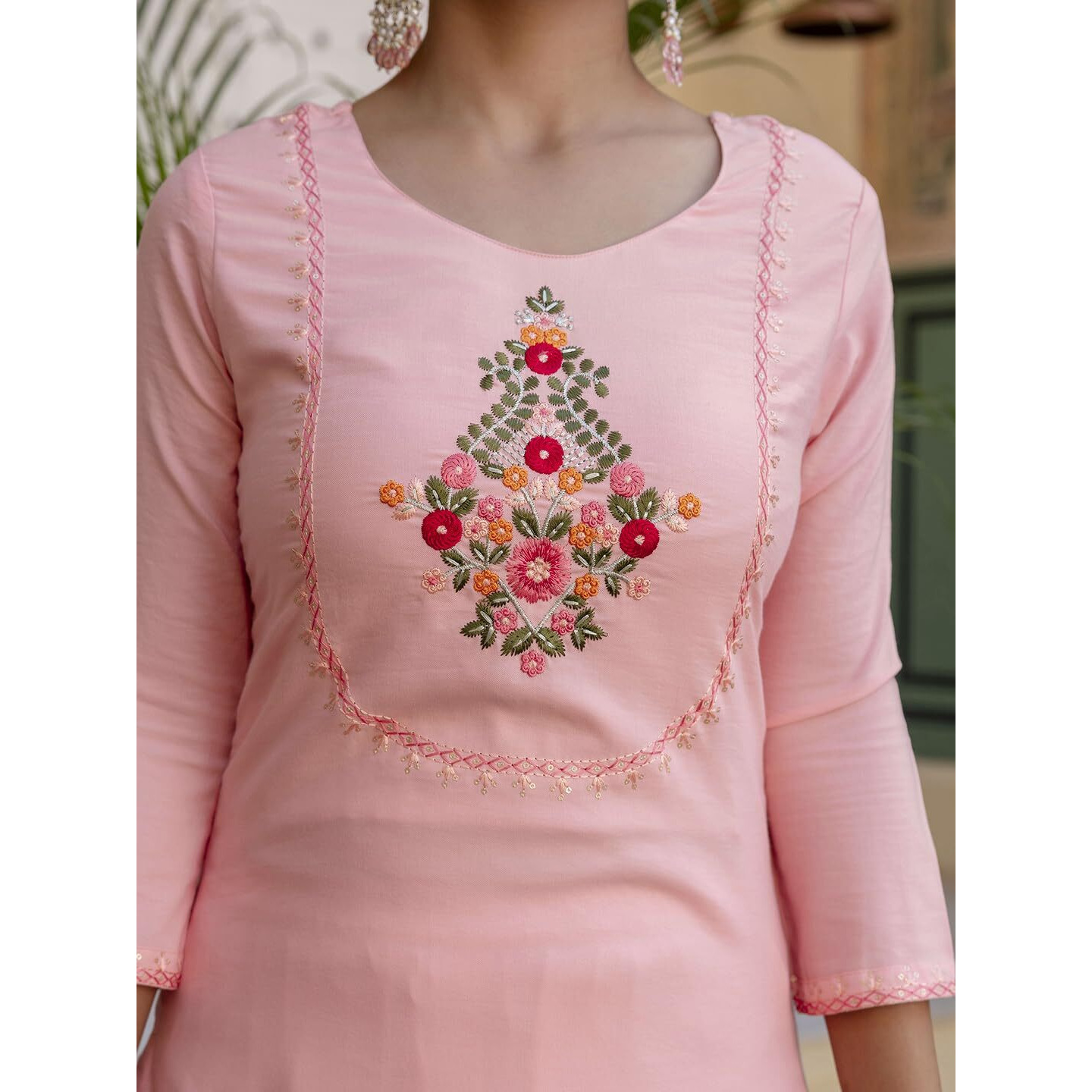 Navlik Women's Rayon Embroidered Straight Kurta with Pant And Dupatta Sets (NK-584) (Size XX-Large, Color Peach)