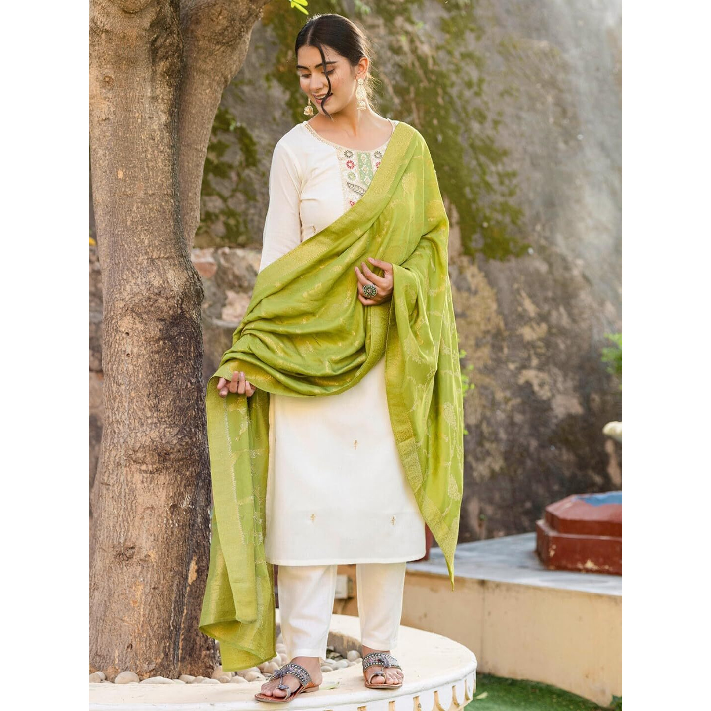 Navlik Women's Viscose Cotton Embroidered Straight Kurta with Pant and Dupatta Sets (NK-585) (Size Small, Color Pista)