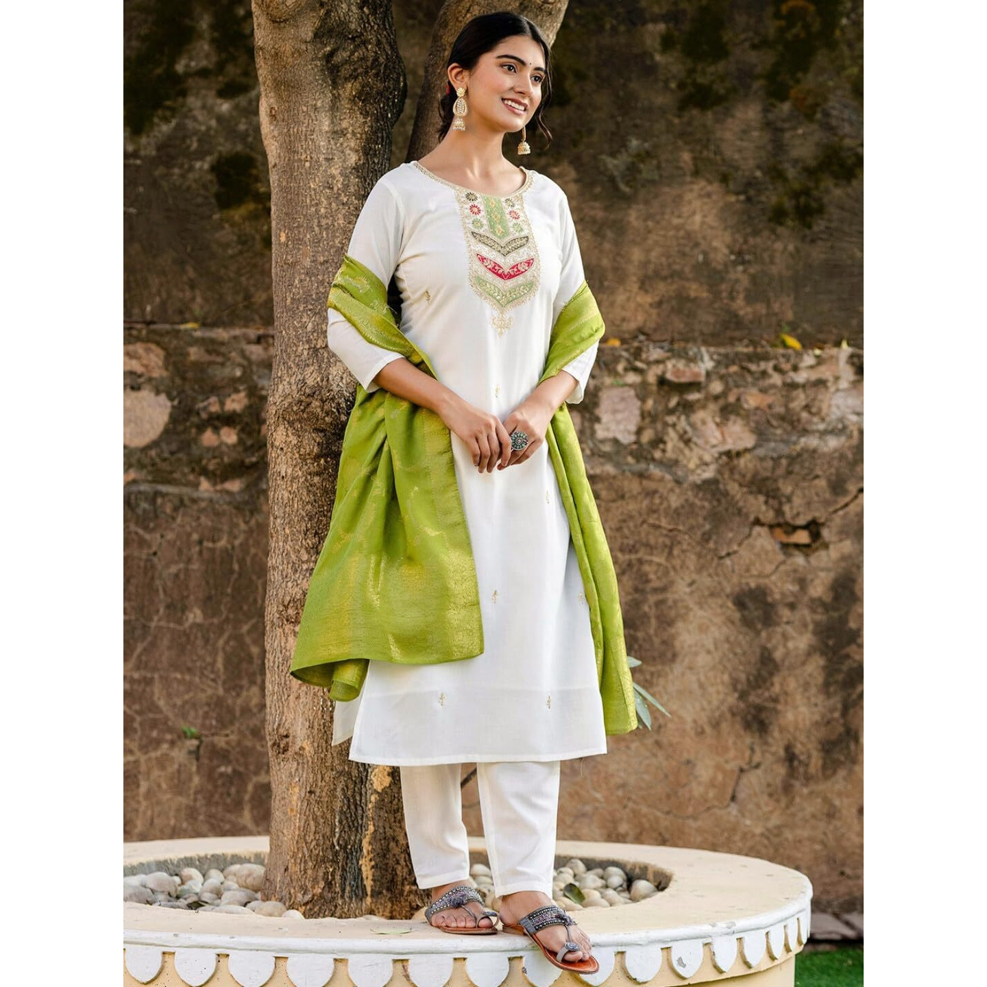Navlik Women's Viscose Cotton Embroidered Straight Kurta with Pant and Dupatta Sets (NK-585) (Size Small, Color Pista)