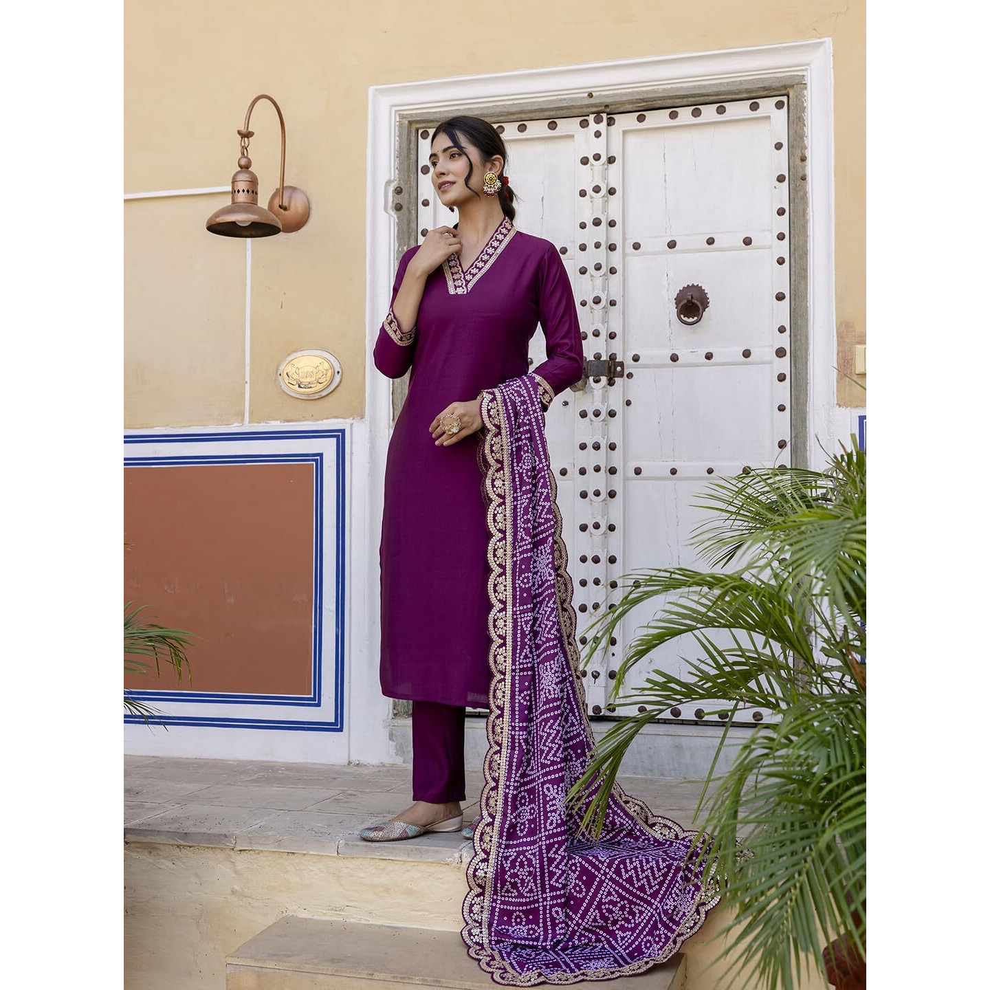 Navlik Women's Viscose Silk Embroidered Straight Kurta with Pant And Dupatta Sets (NK-586) (Size X-Large, Color Maroon)