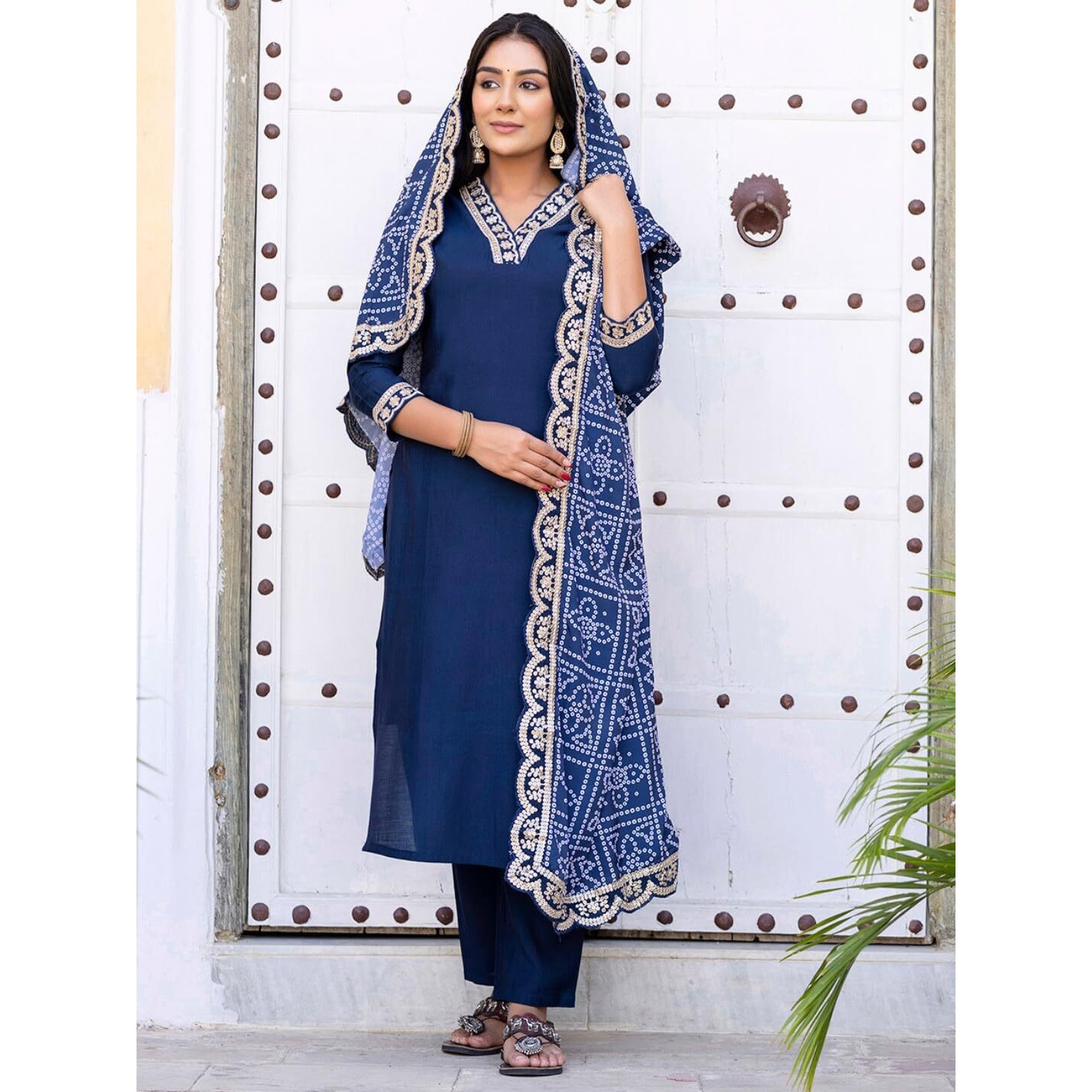 Navlik Women's Viscose Silk Embroidered Straight Kurta with Pant And Dupatta Sets (NK-586) (Size X-Large, Color Petrol)