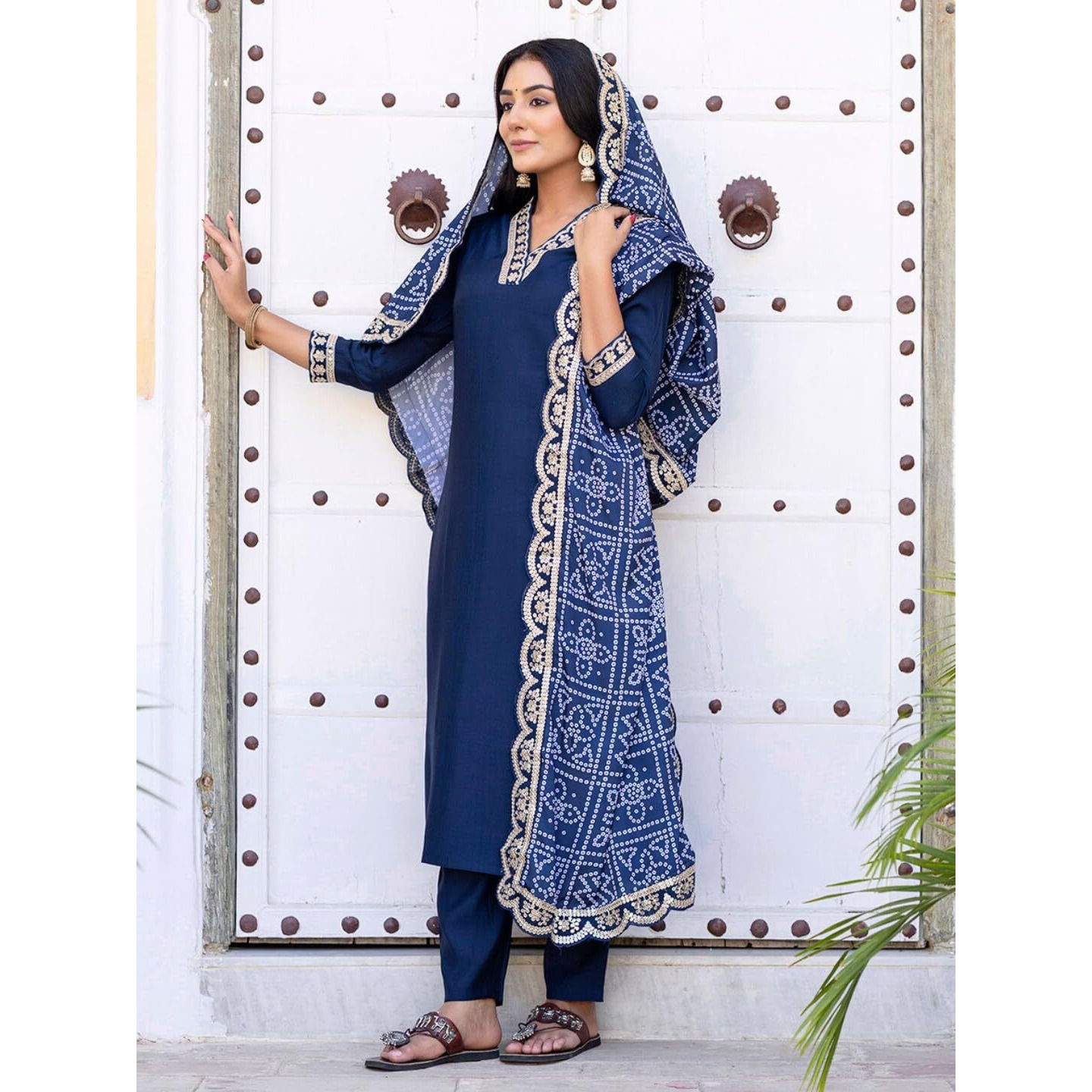 Navlik Women's Viscose Silk Embroidered Straight Kurta with Pant And Dupatta Sets (NK-586) (Size XX-Large, Color Petrol)