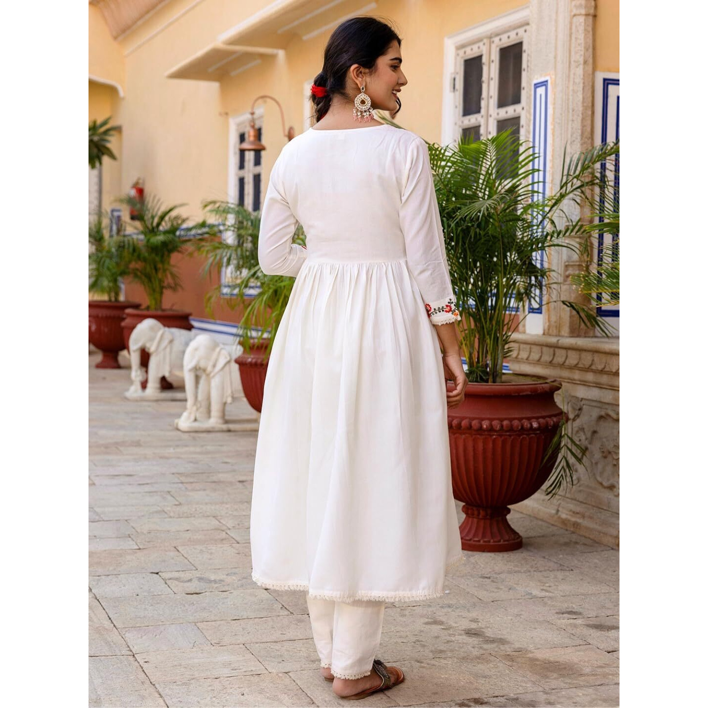 Navlik Women's Viscose Rayon Embroidered Flared Kurta with Pant and Dupatta Sets (NK-593) (Size XX-Large, Color Off White)