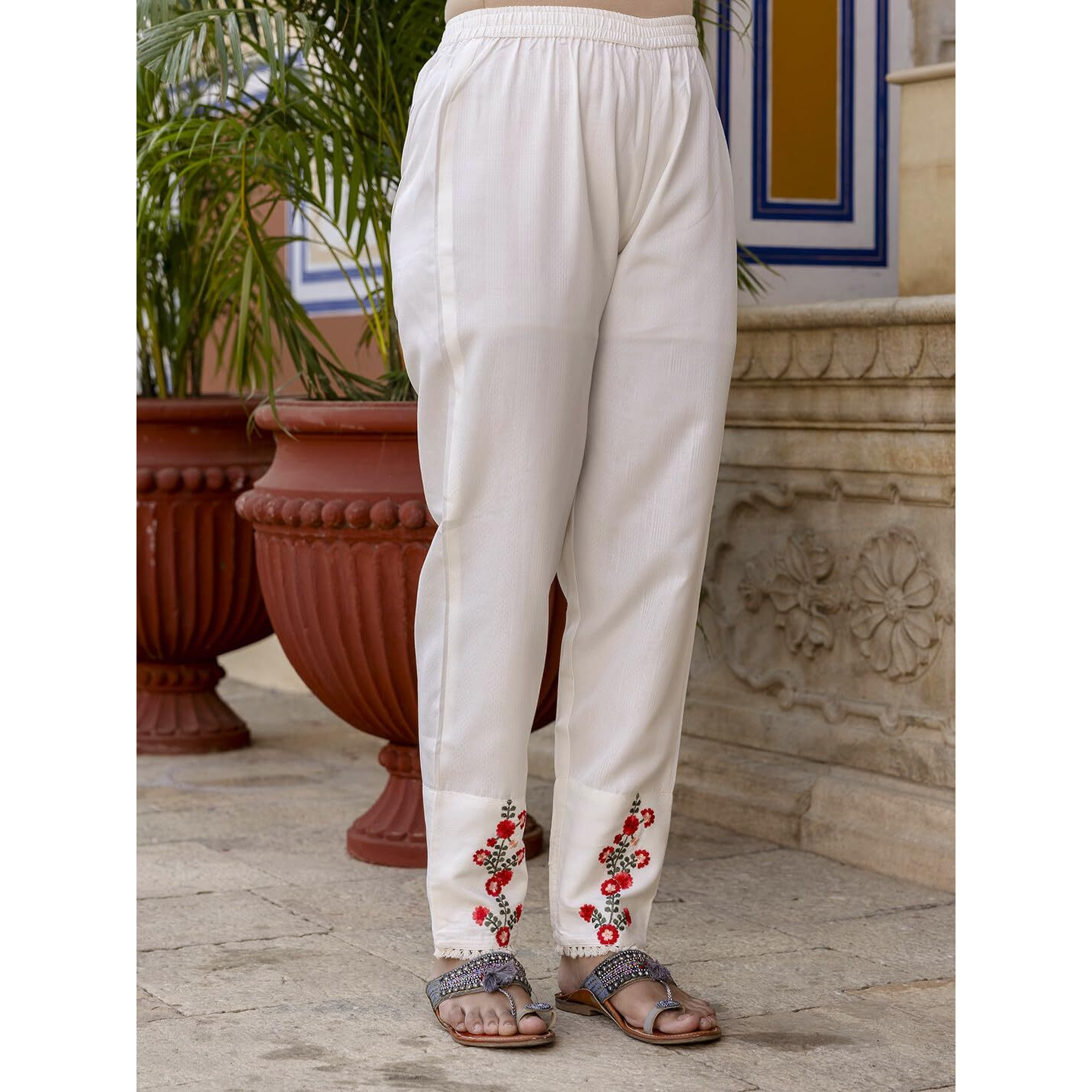 Navlik Women's Viscose Rayon Embroidered Flared Kurta with Pant and Dupatta Sets (NK-593) (Size XX-Large, Color Off White)