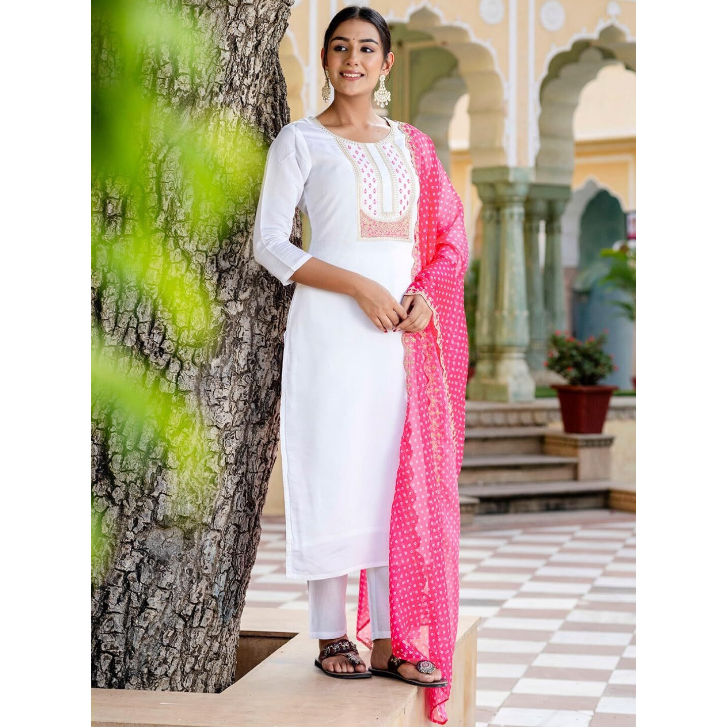 Navlik Women's White Viscose Rayon Embroidered Straight Kurta with Viscose Rayon Pant and Silk Printed Dupatta Sets (NK-594) (Size X-Large, Color White)