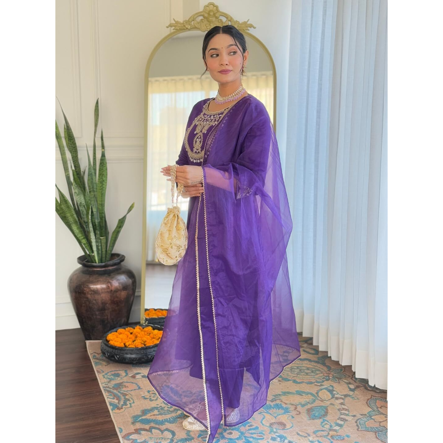Navlik Women's Lemon Yellow Rayon Slub Embroidered Straight Kurta with Rayon Slub Pant and Organza Laced Dupatta Sets (NK-596) (Size Large, Color Wine)