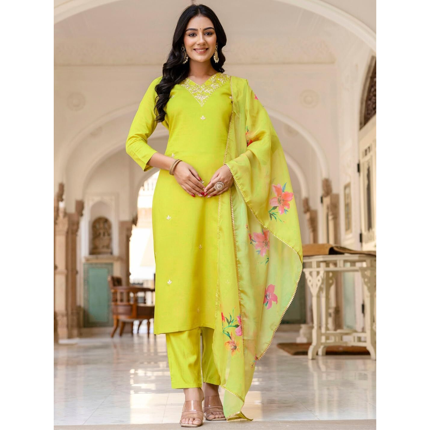 Navlik Women's Lemon Yellow Rayon Slub Embroidered Straight Kurta with Rayon Slub Pant And Pure Organza Printed Dupatta Sets (NK-598) (Size Large, Color Lemon Yellow)