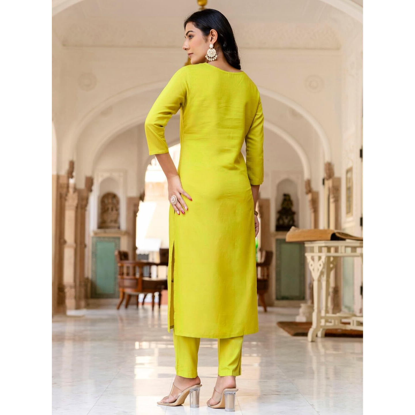 Navlik Women's Lemon Yellow Rayon Slub Embroidered Straight Kurta with Rayon Slub Pant And Pure Organza Printed Dupatta Sets (NK-598) (Size Large, Color Lemon Yellow)