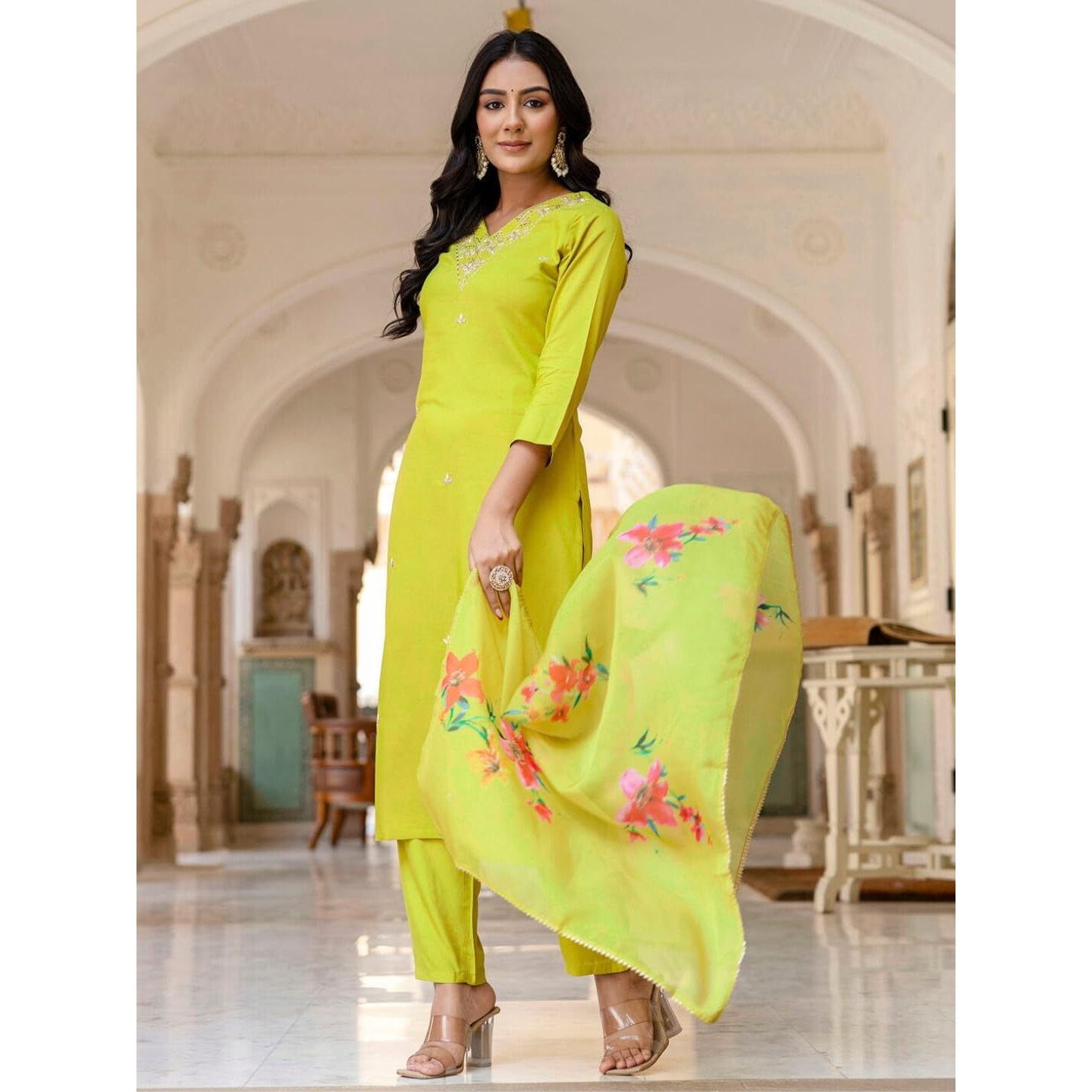 Navlik Women's Lemon Yellow Rayon Slub Embroidered Straight Kurta with Rayon Slub Pant And Pure Organza Printed Dupatta Sets (NK-598) (Size Large, Color Lemon Yellow)