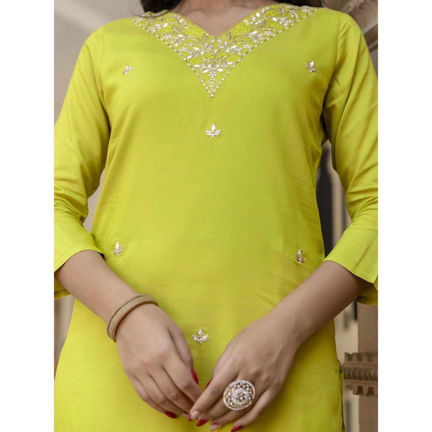 Navlik Women's Lemon Yellow Rayon Slub Embroidered Straight Kurta with Rayon Slub Pant And Pure Organza Printed Dupatta Sets (NK-598) (Size Small, Color Lemon Yellow)