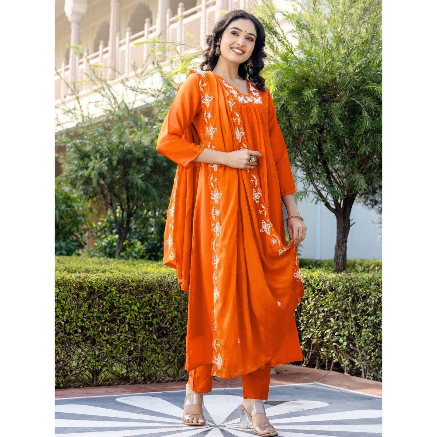 Navlik Women's Orange Silk Chiffon Embroidered Flared Kurta with Rayon Pant and Poly Chiffon Embroidered Dupatta Sets (NK-604) (Size X-Large, Color Orange)