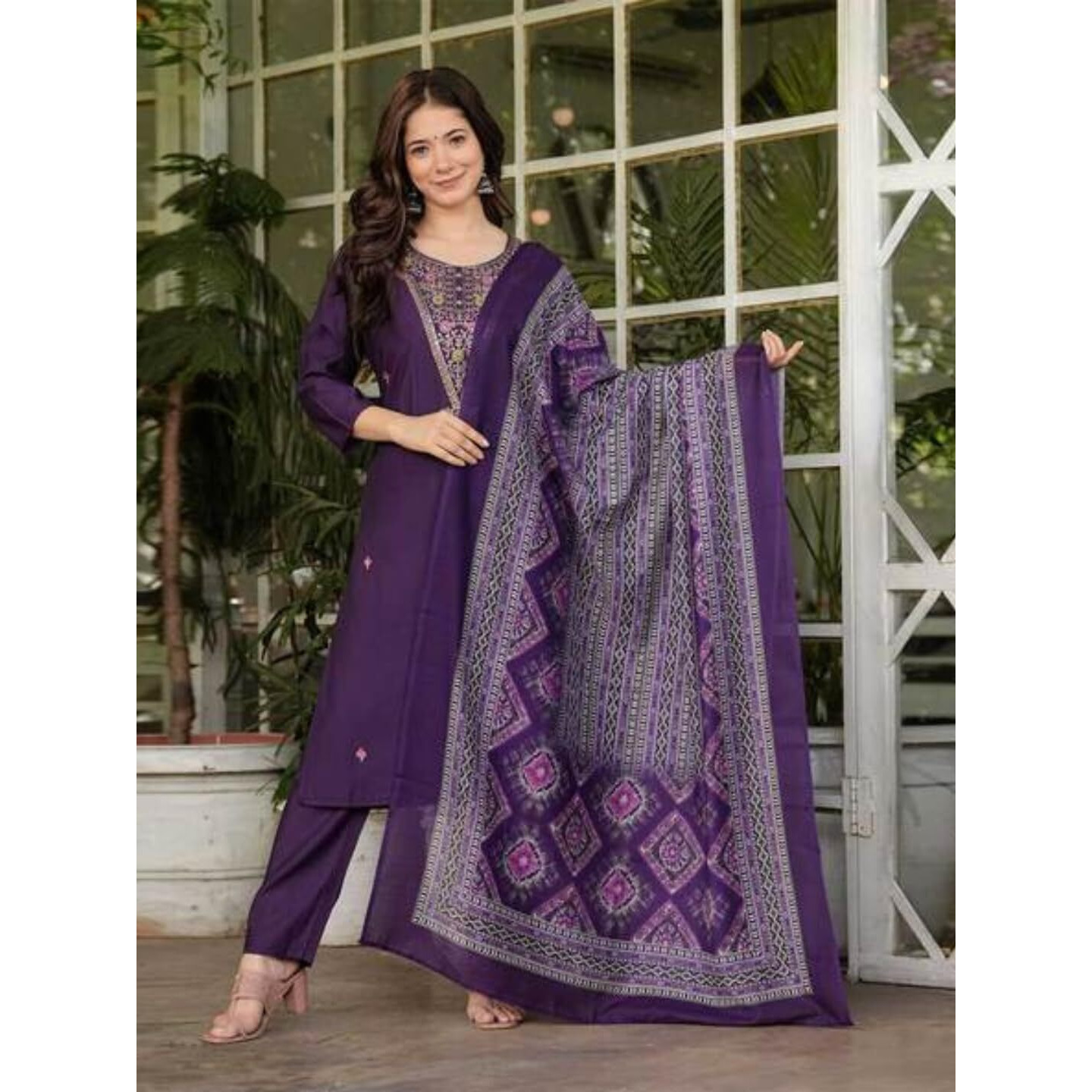 Navlik Women's Rayon Slub Embroidered Straight Kurta with Pant And Dupatta Sets (NK-607) (Size XXX-Large, Color Wine)