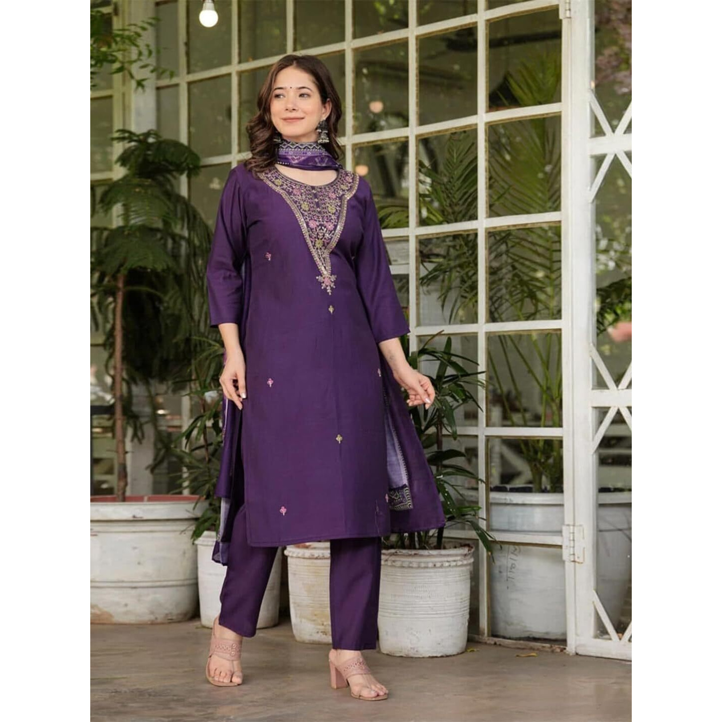Navlik Women's Rayon Slub Embroidered Straight Kurta with Pant And Dupatta Sets (NK-607) (Size XXX-Large, Color Wine)