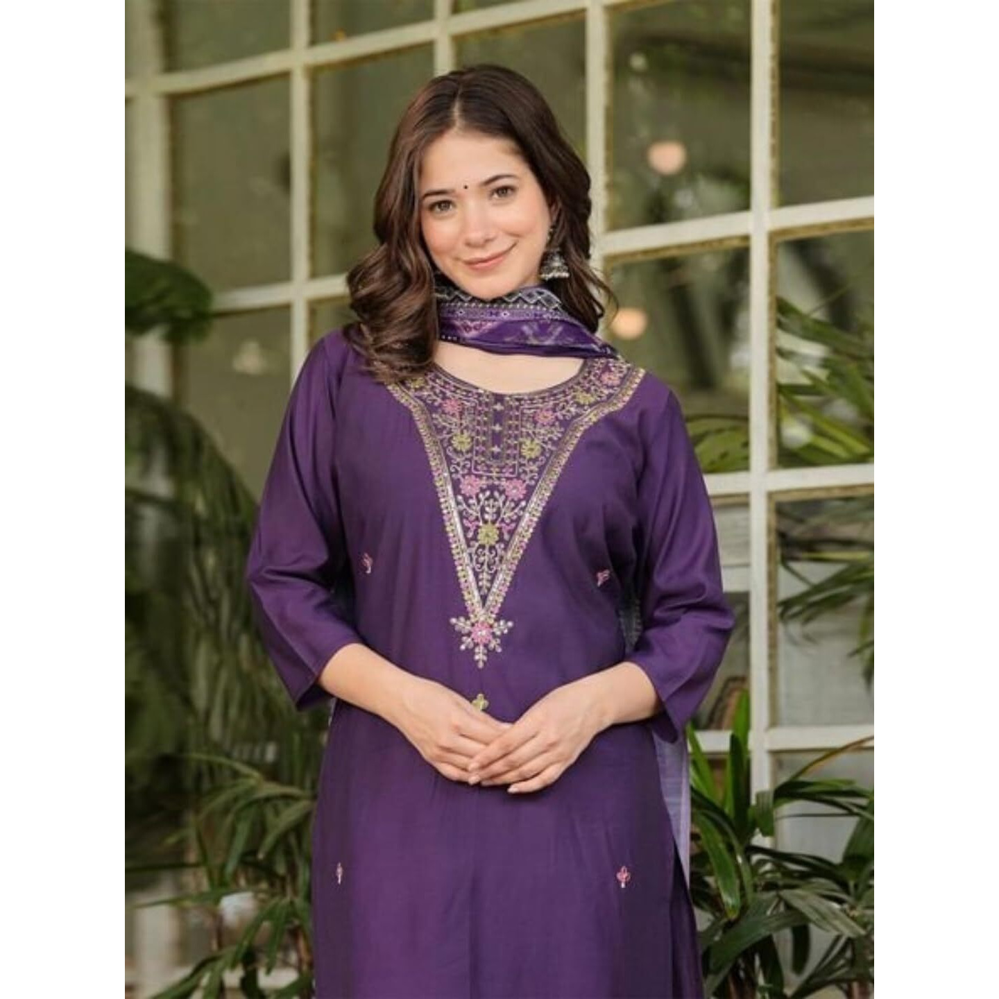 Navlik Women's Rayon Slub Embroidered Straight Kurta with Pant And Dupatta Sets (NK-607) (Size XXX-Large, Color Wine)