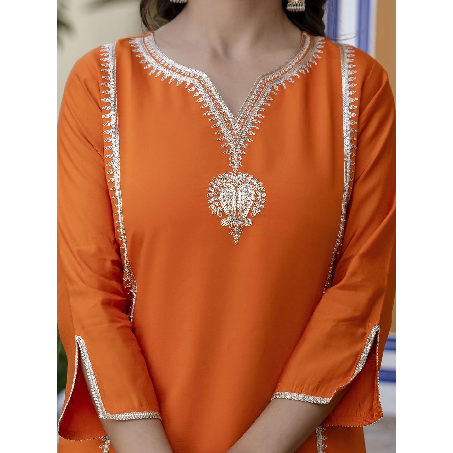 Navlik Women's Chanderi Viscose with full Inner Embroidered Straight Kurta with Pant And Dupatta Sets (NK-611) (Size XXX-Large, Color Orange)