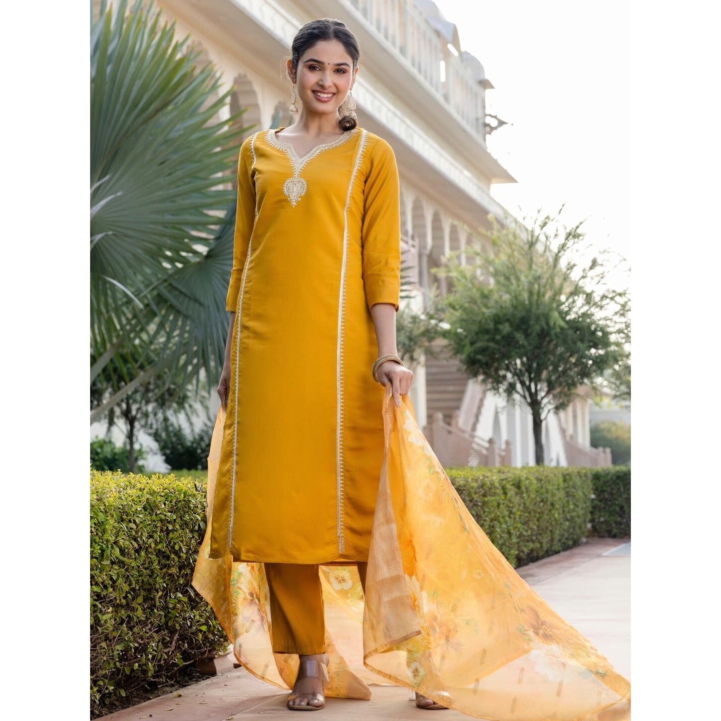 Navlik Women's Chanderi Viscose with full Inner Embroidered Straight Kurta with Pant And Dupatta Sets (NK-611) (Size X-Large, Color Yellow)