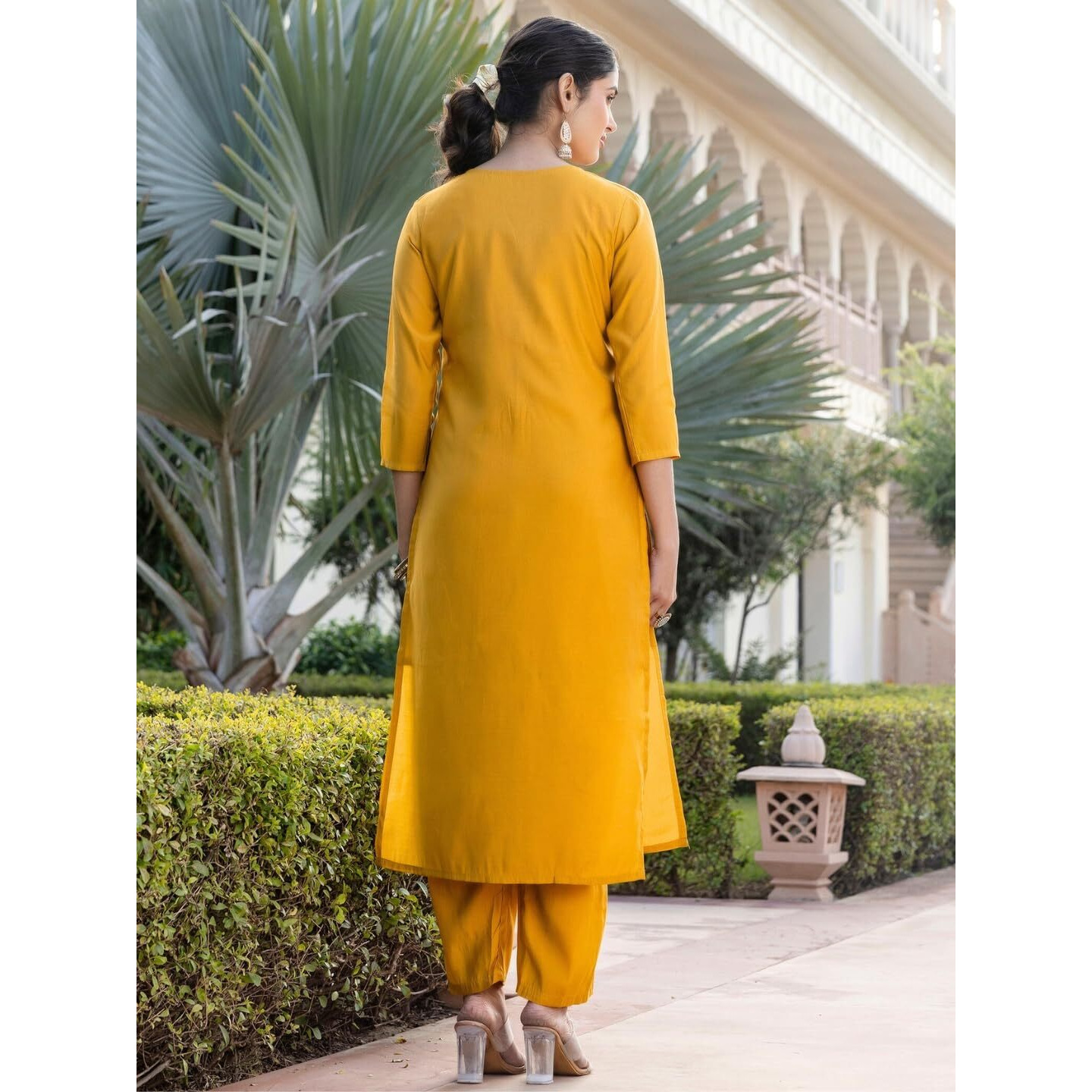 Navlik Women's Chanderi Viscose with full Inner Embroidered Straight Kurta with Pant And Dupatta Sets (NK-611) (Size X-Large, Color Yellow)