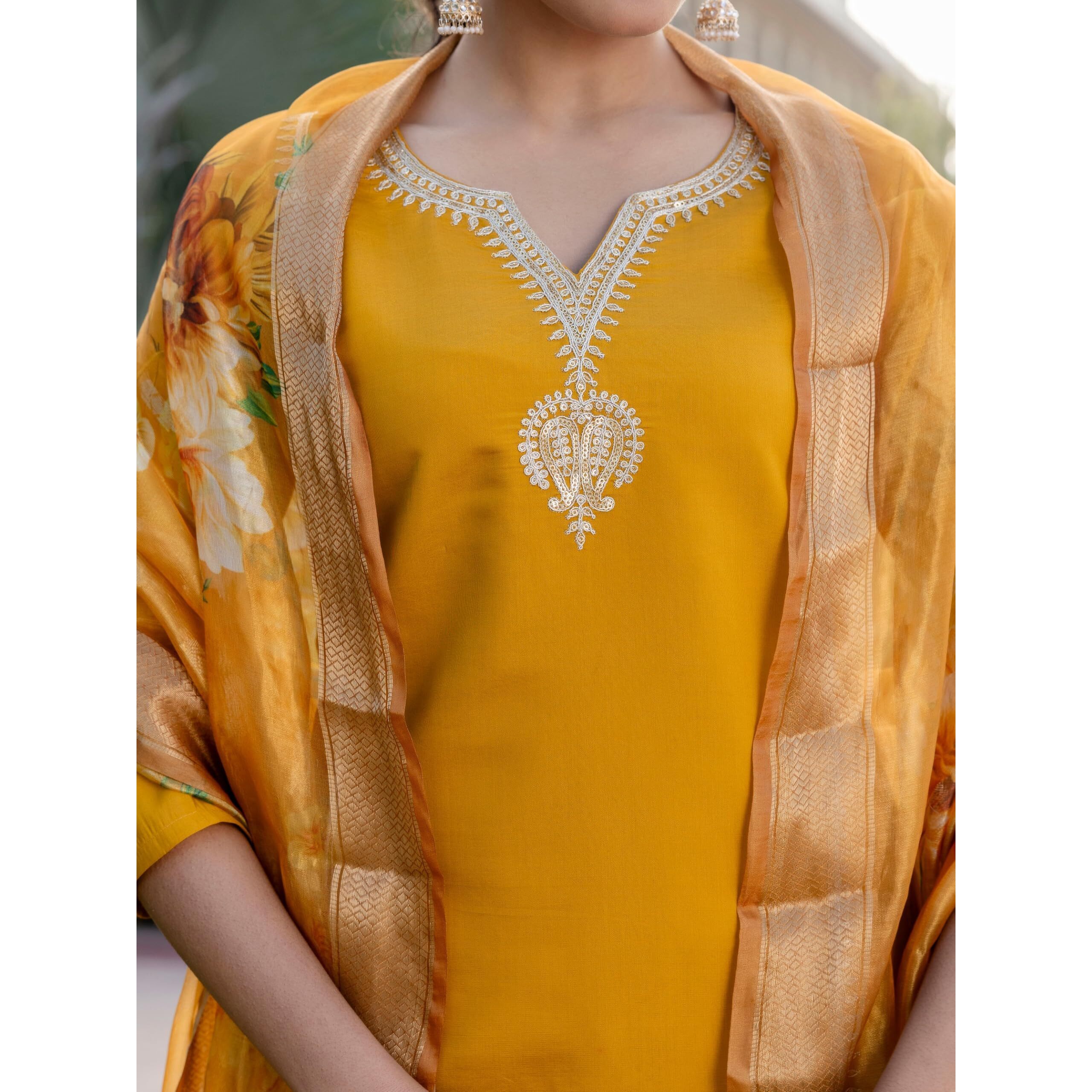 Navlik Women's Chanderi Viscose with full Inner Embroidered Straight Kurta with Pant And Dupatta Sets (NK-611) (Size X-Large, Color Yellow)