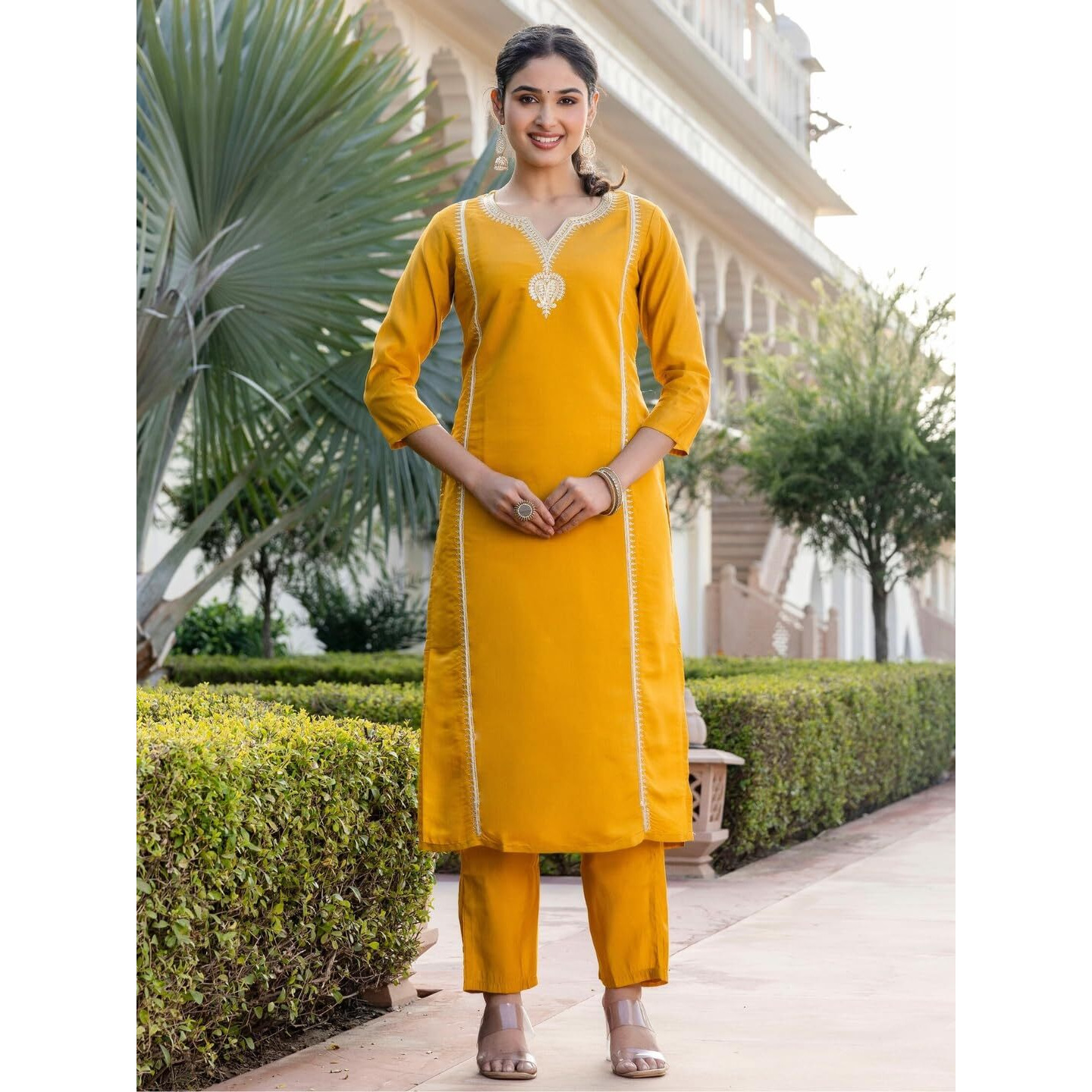 Navlik Women's Chanderi Viscose with full Inner Embroidered Straight Kurta with Pant And Dupatta Sets (NK-611) (Size X-Large, Color Yellow)