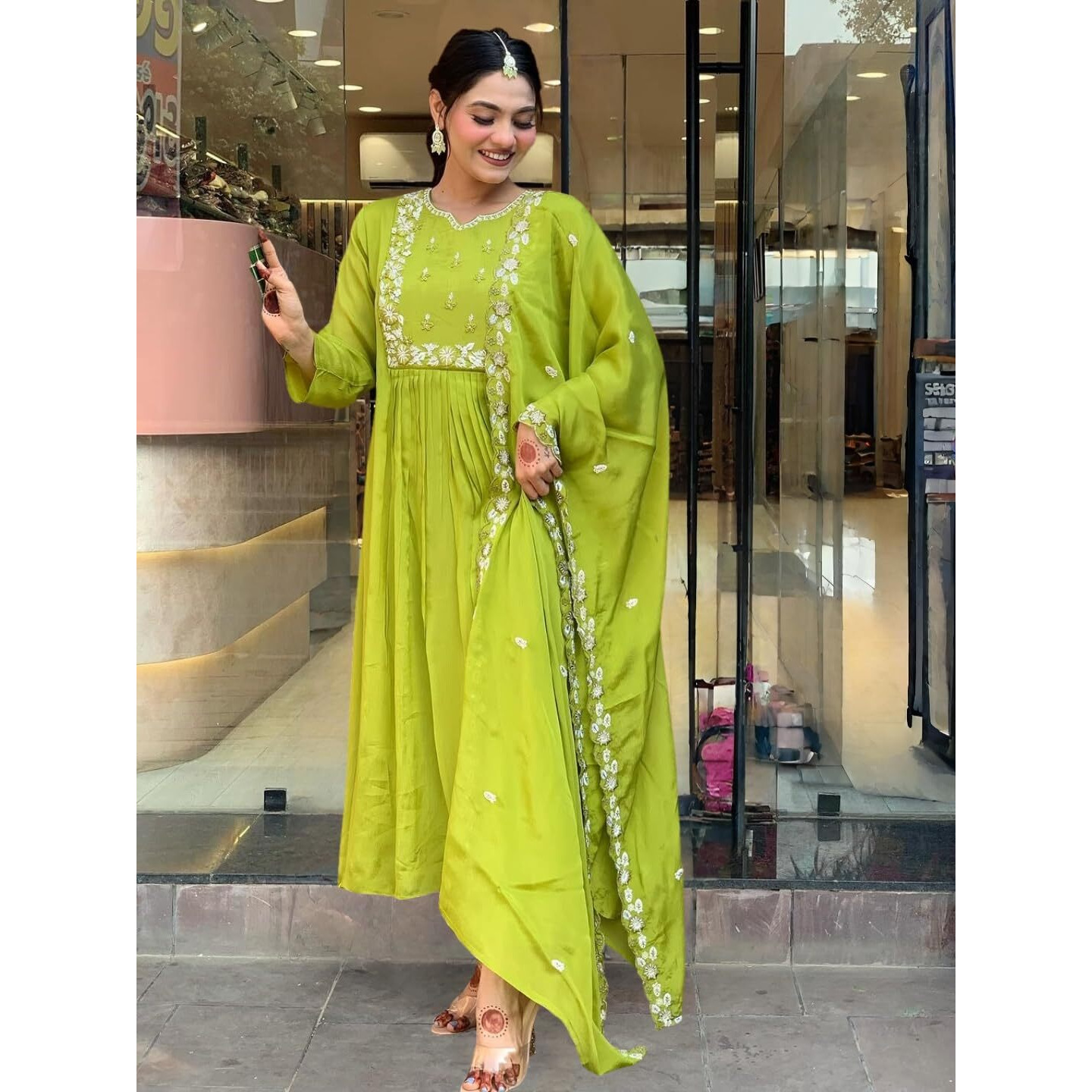 Women's Chinon with Cotton Lining Embroidered Flared Kurta with Pant And Dupatta Sets (NK-616) (Size Large, Color Lemon)