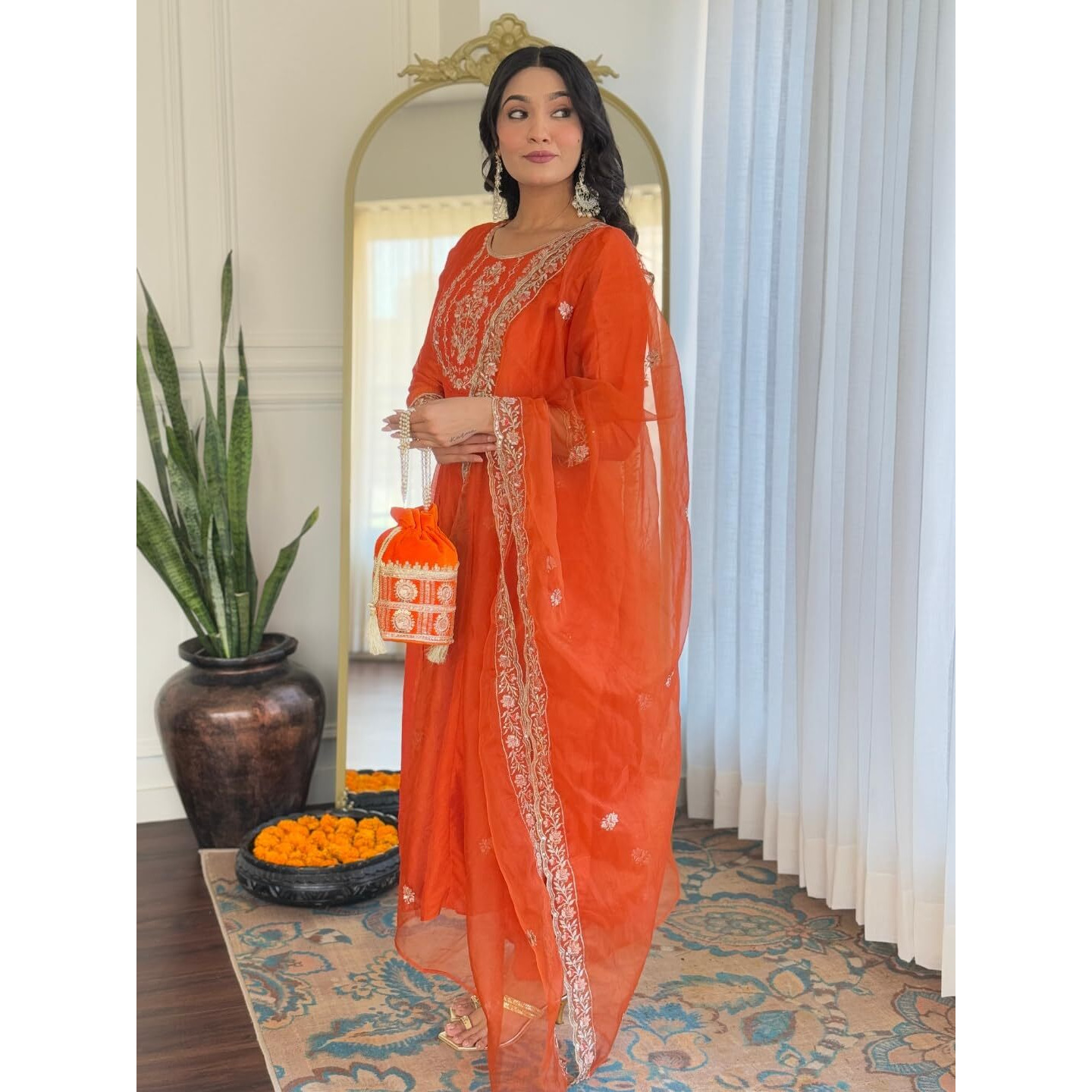 Navlik Women's Orange Vichitra Silk Embroidered Straight Kurta with Vichitra Silk Pant And Organza Embroidered Dupatta Sets (NK-618) (Size XX-Large, Color Orange)