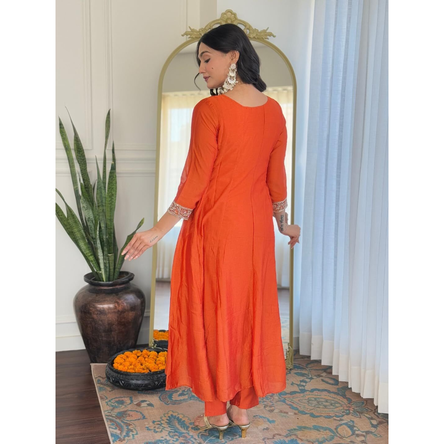 Navlik Women's Orange Vichitra Silk Embroidered Straight Kurta with Vichitra Silk Pant And Organza Embroidered Dupatta Sets (NK-618) (Size XX-Large, Color Orange)