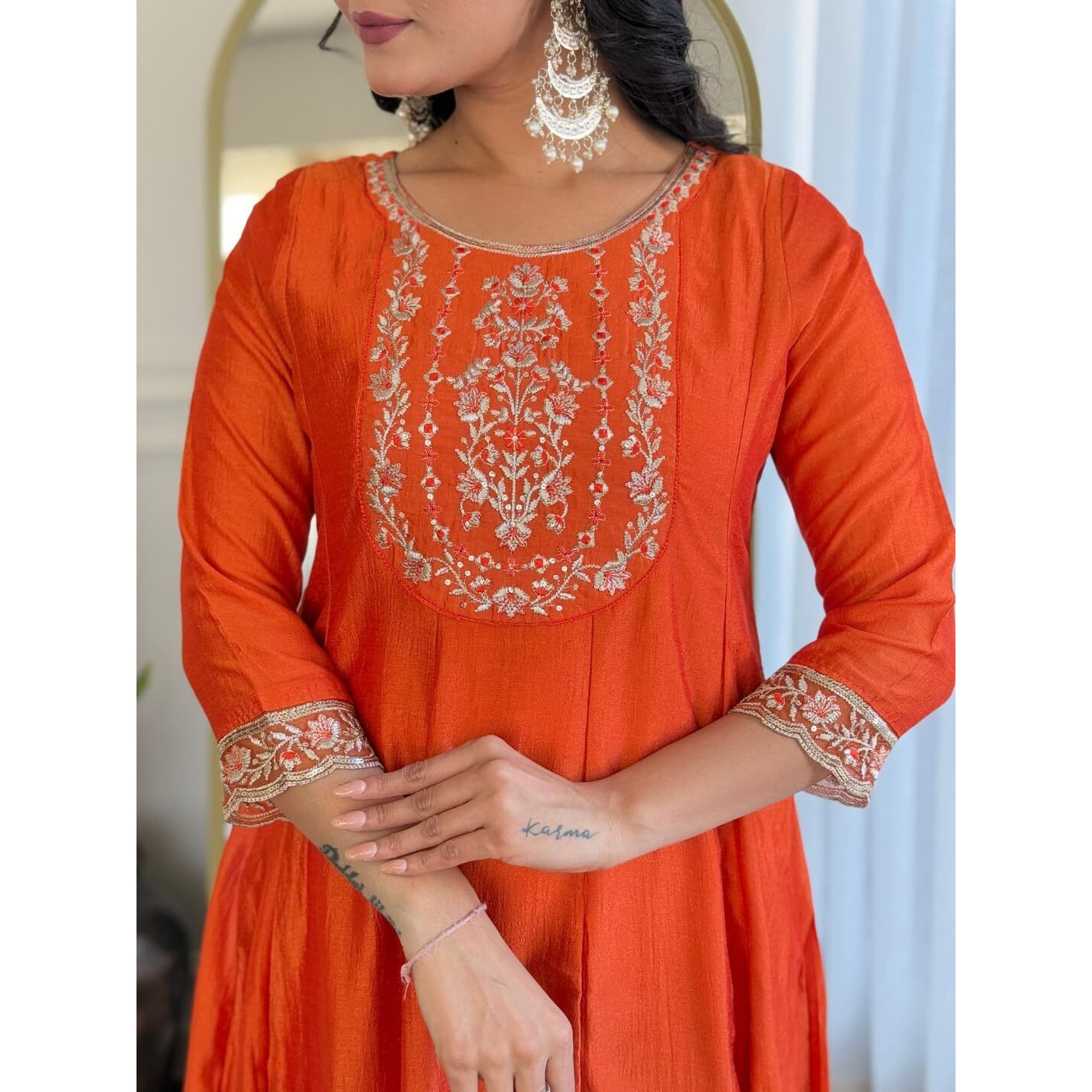 Navlik Women's Orange Vichitra Silk Embroidered Straight Kurta with Vichitra Silk Pant And Organza Embroidered Dupatta Sets (NK-618) (Size XX-Large, Color Orange)