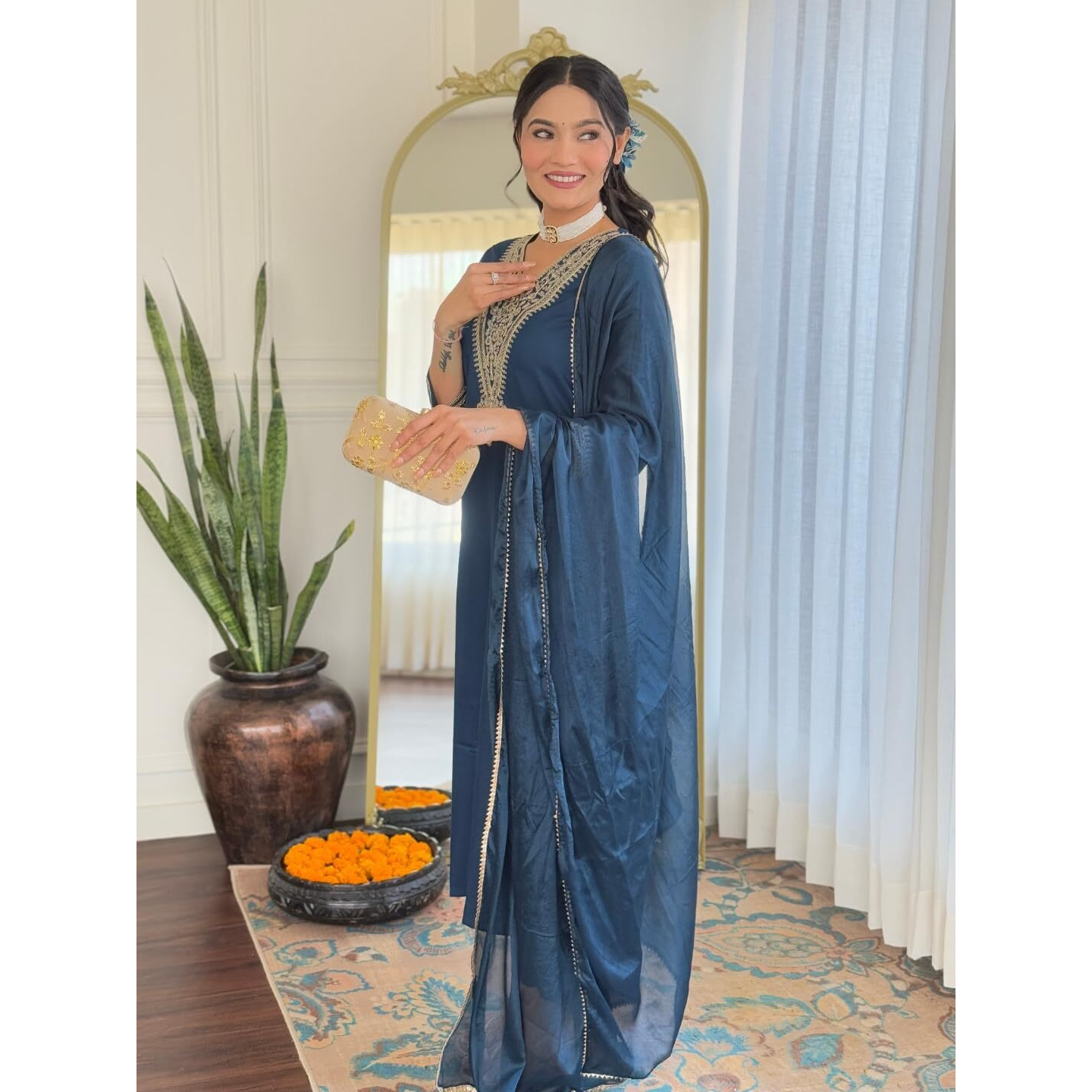 Navlik Women's Petrol Rayon Embroidered Straight Kurta with Rayon Pant and Silk Chiffon Laced Dupatta Sets (NK-622) (Size Small, Color Petrol)