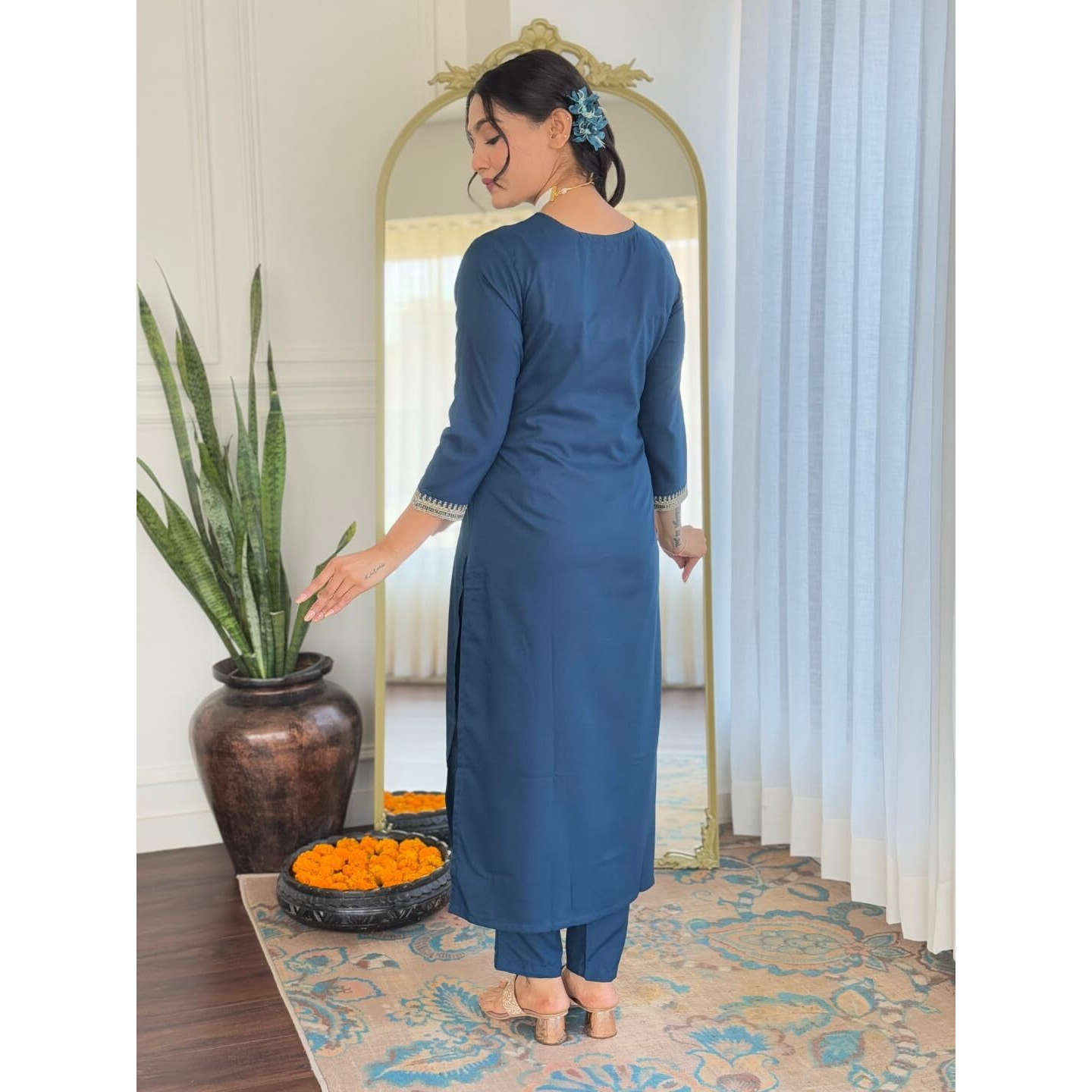 Navlik Women's Petrol Rayon Embroidered Straight Kurta with Rayon Pant and Silk Chiffon Laced Dupatta Sets (NK-622) (Size Small, Color Petrol)