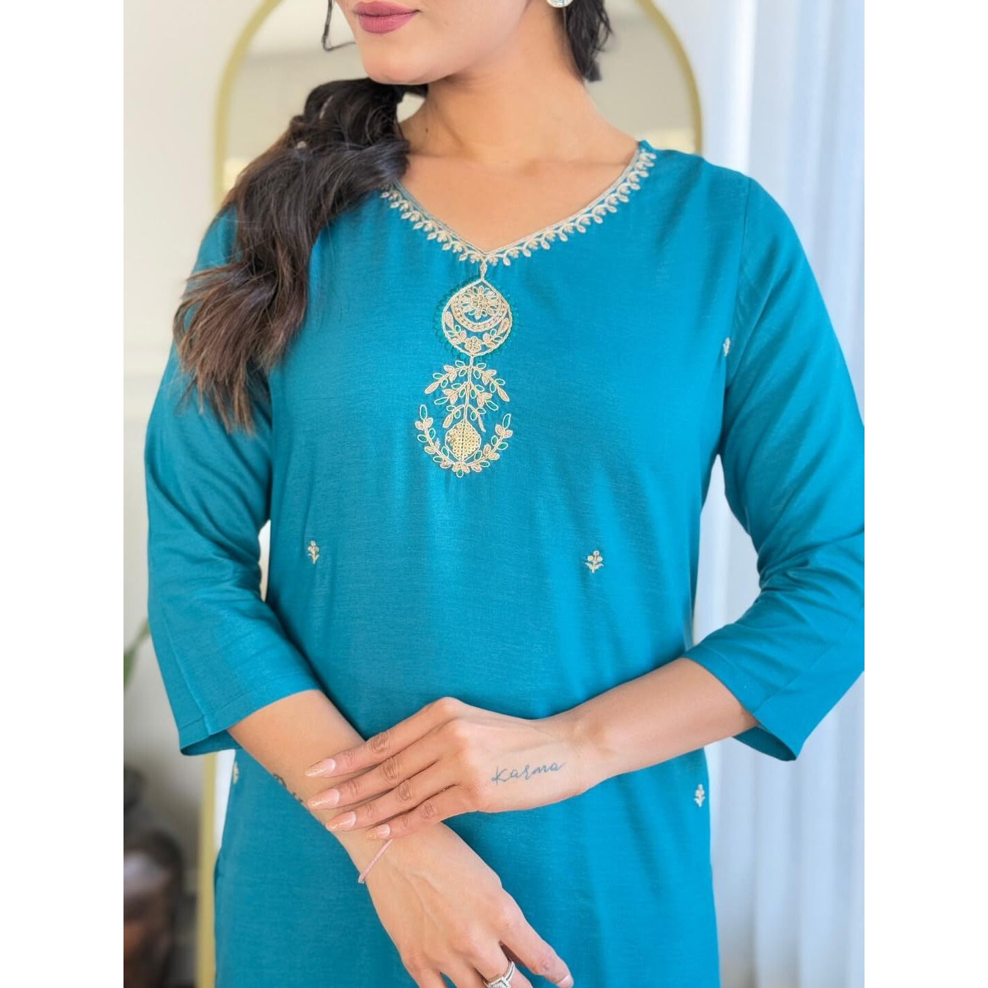 Navlik Women's Gajri Rayon Embroidered Straight Kurta with Rayon Pant and Taby Laced Dupatta Sets (NK-623) (Size Medium, Color Sky)