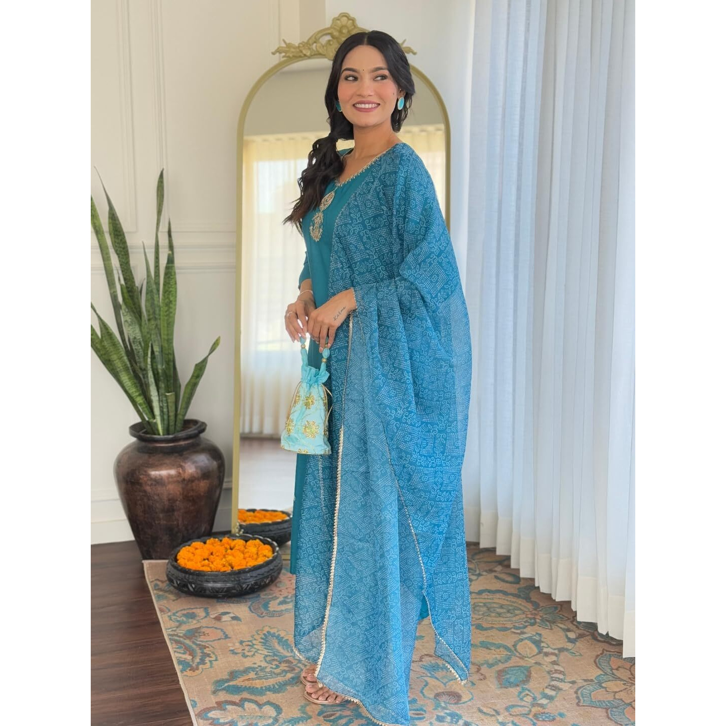 Navlik Women's Gajri Rayon Embroidered Straight Kurta with Rayon Pant and Taby Laced Dupatta Sets (NK-623) (Size Small, Color Sky)