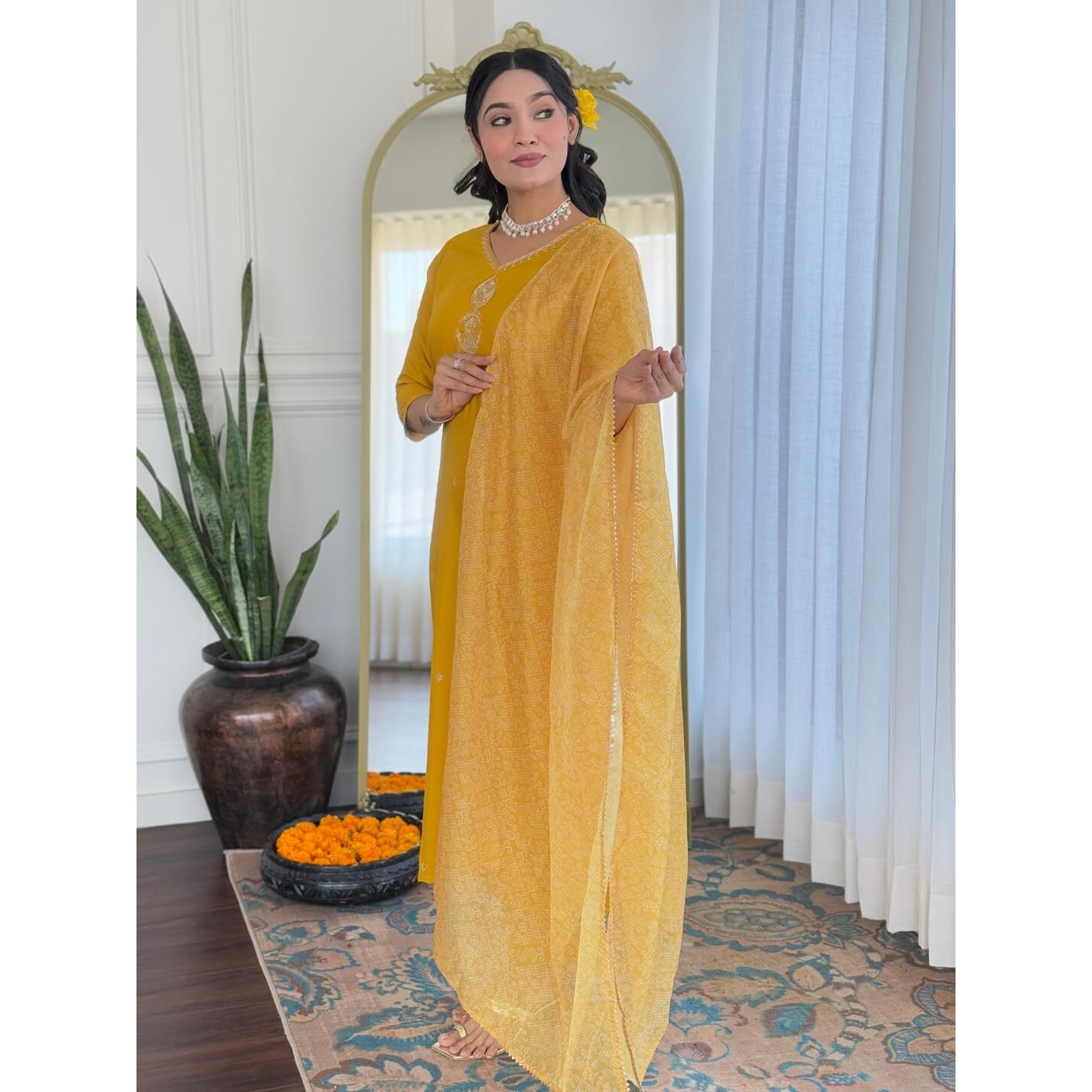 Navlik Women's Gajri Rayon Embroidered Straight Kurta with Rayon Pant and Taby Laced Dupatta Sets (NK-623) (Size Large, Color Yellow)