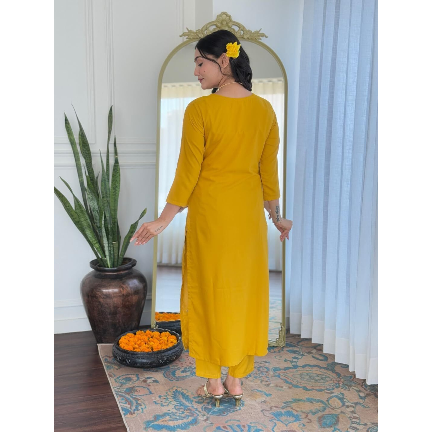 Navlik Women's Gajri Rayon Embroidered Straight Kurta with Rayon Pant and Taby Laced Dupatta Sets (NK-623) (Size Large, Color Yellow)