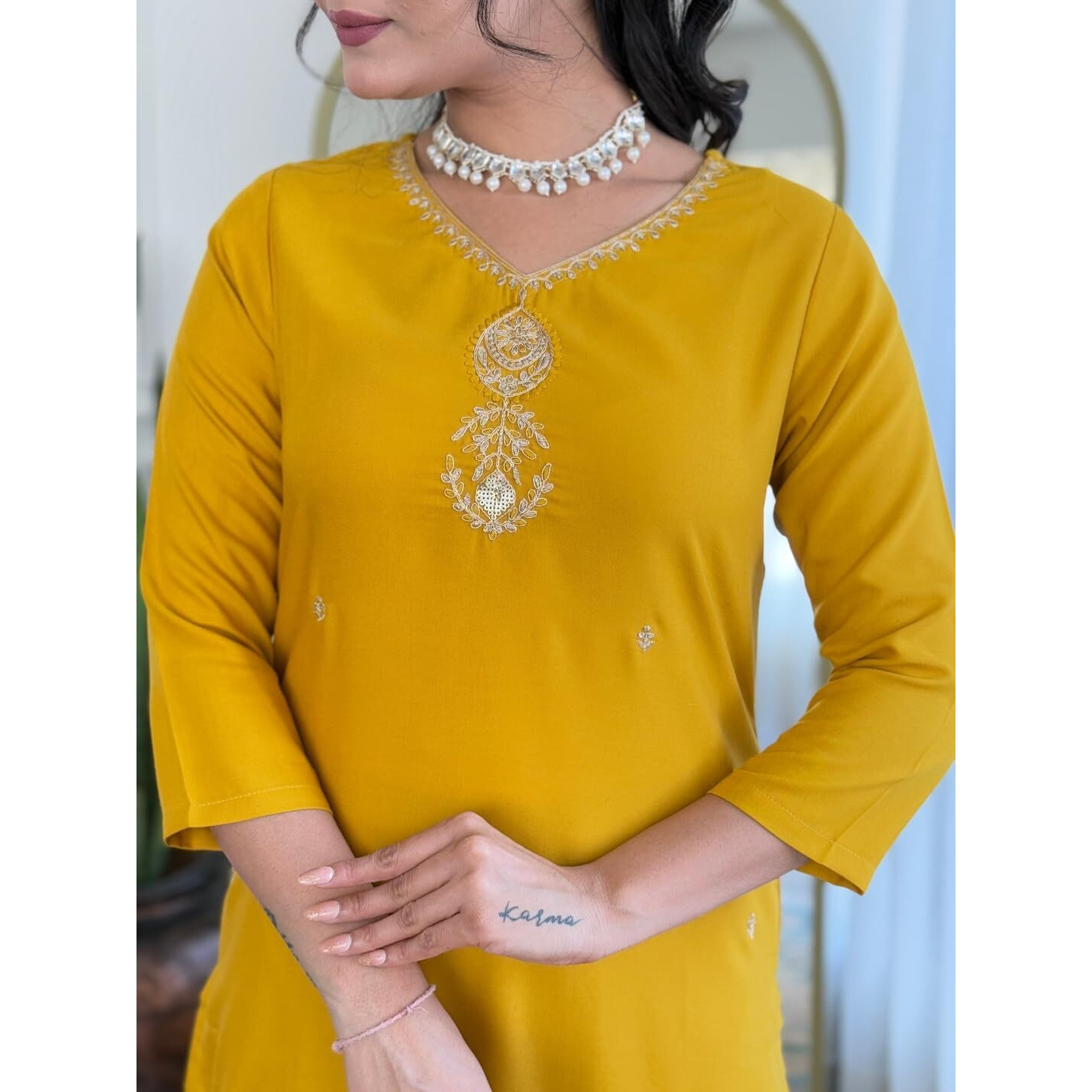 Navlik Women's Gajri Rayon Embroidered Straight Kurta with Rayon Pant and Taby Laced Dupatta Sets (NK-623) (Size Large, Color Yellow)