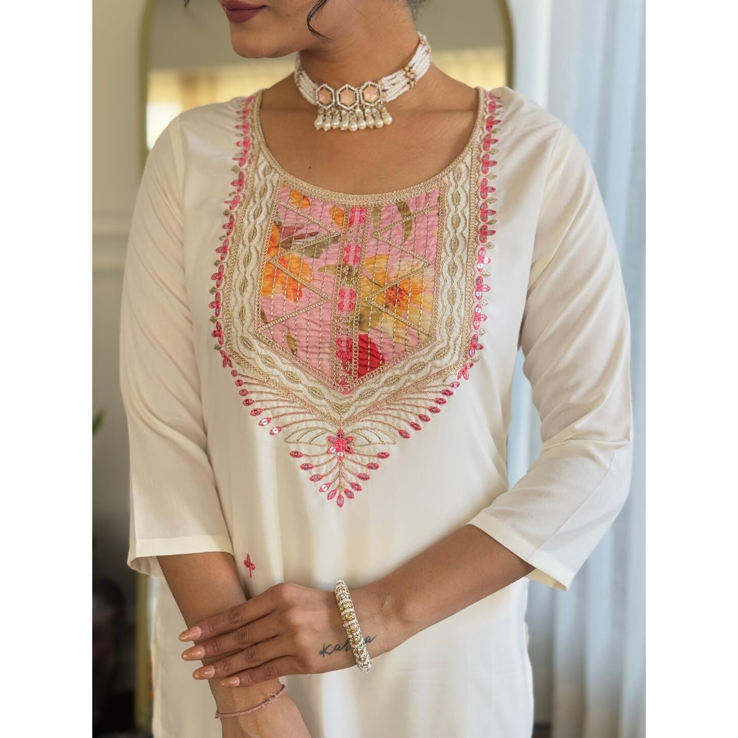 Navlik Women's Off White Rayon with Inner Embroidered Straight Kurta with Rayon Pant and Silk Chiffon Laced Dupatta Sets (NK-626) (Size Large, Color Offwhite)