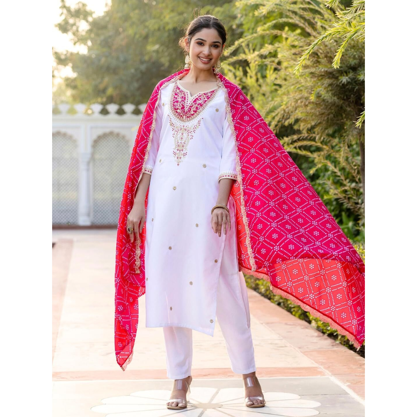 Navlik Women's BSY Viscose Embroidered Straight Kurta with Pant And Dupatta Sets (NK-628) (Size Large, Color White)