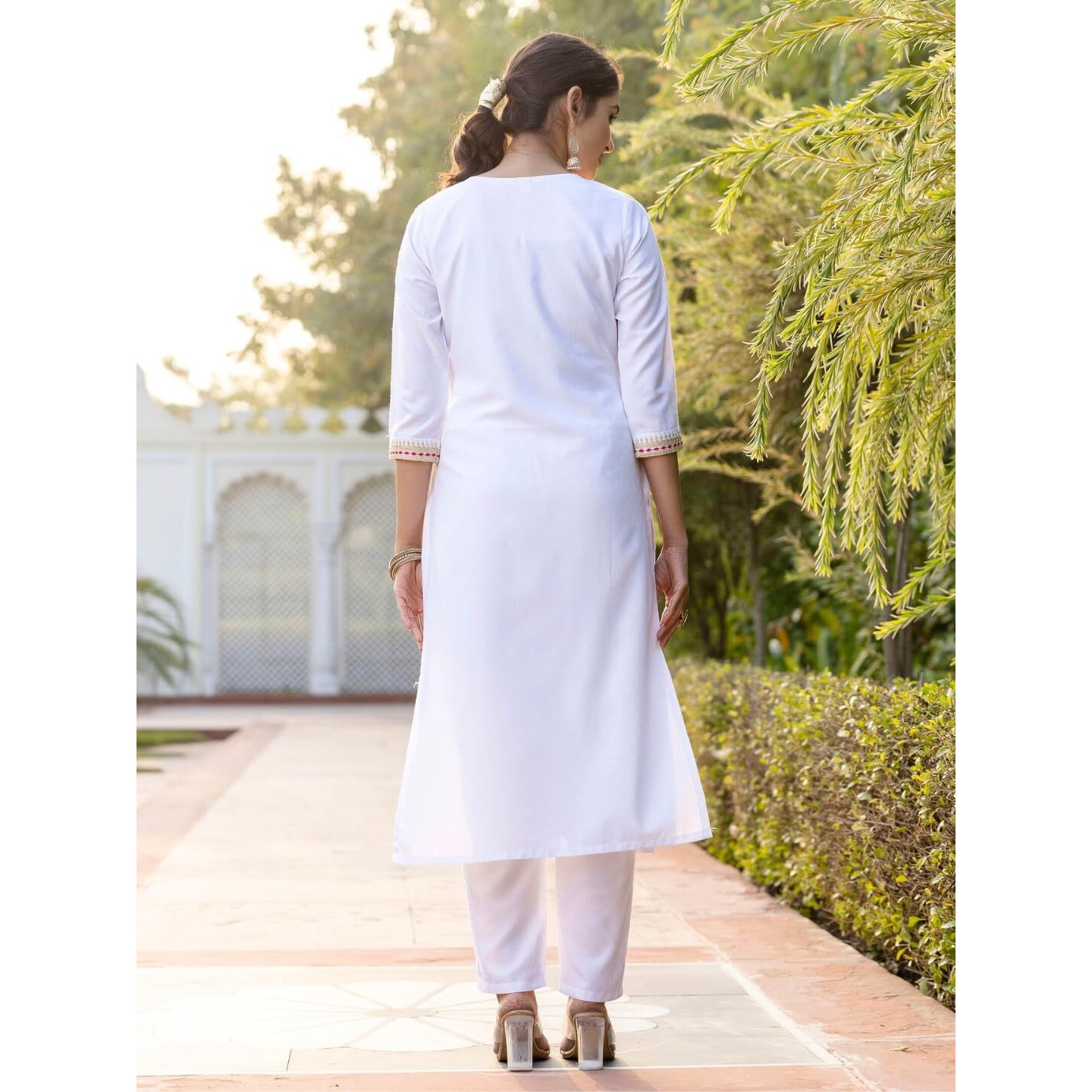 Navlik Women's BSY Viscose Embroidered Straight Kurta with Pant And Dupatta Sets (NK-628) (Size Large, Color White)