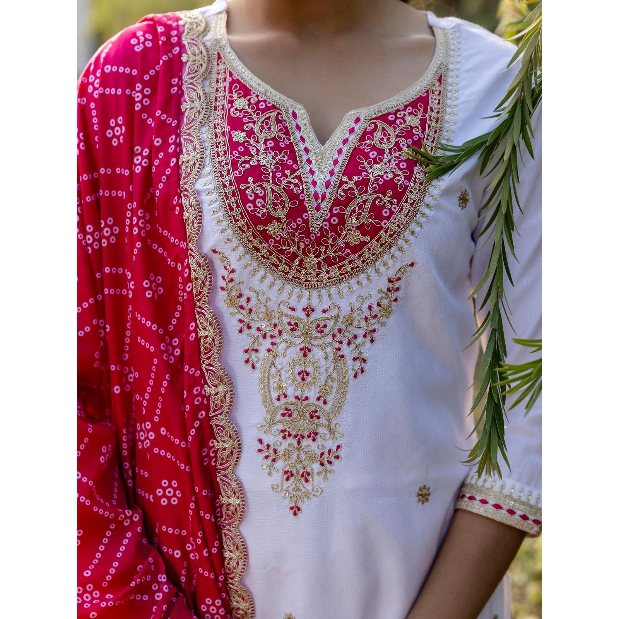 Navlik Women's BSY Viscose Embroidered Straight Kurta with Pant And Dupatta Sets (NK-628) (Size Large, Color White)