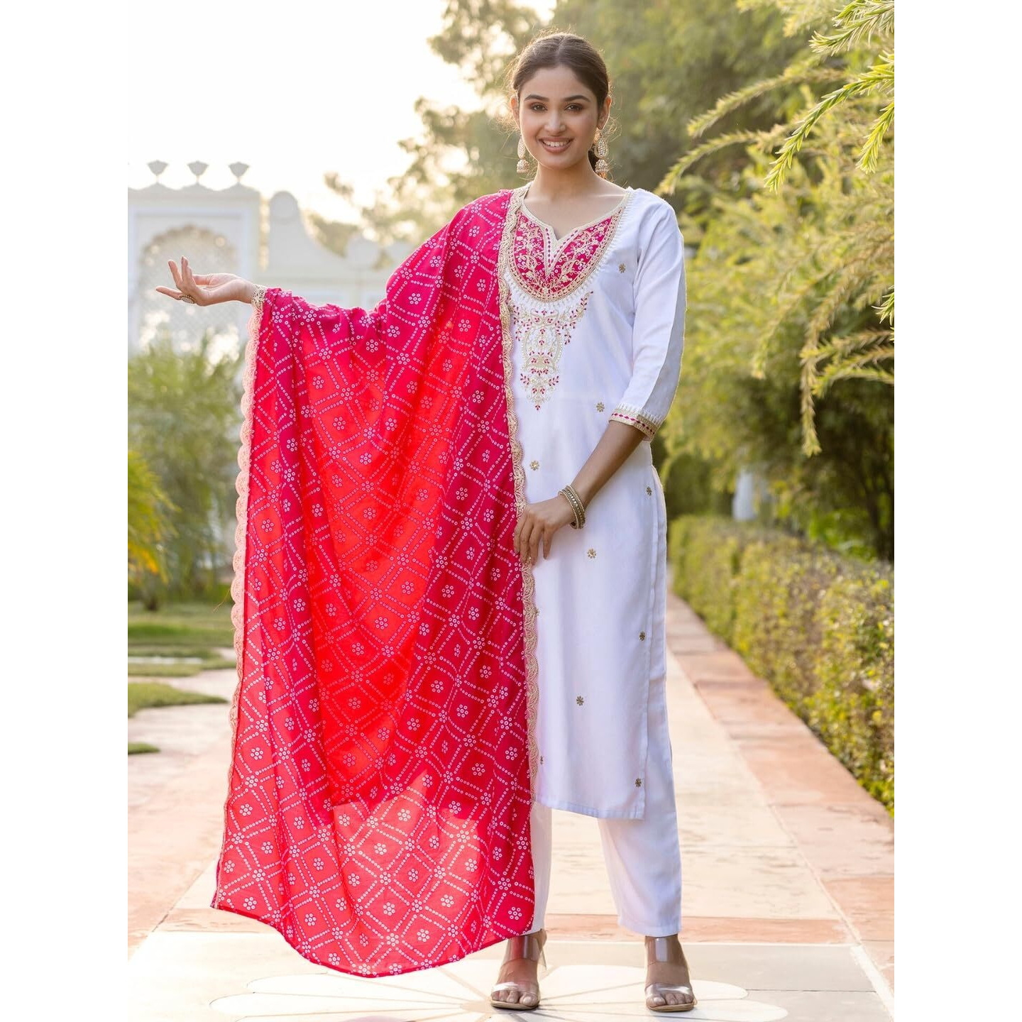 Navlik Women's BSY Viscose Embroidered Straight Kurta with Pant And Dupatta Sets (NK-628) (Size Large, Color White)