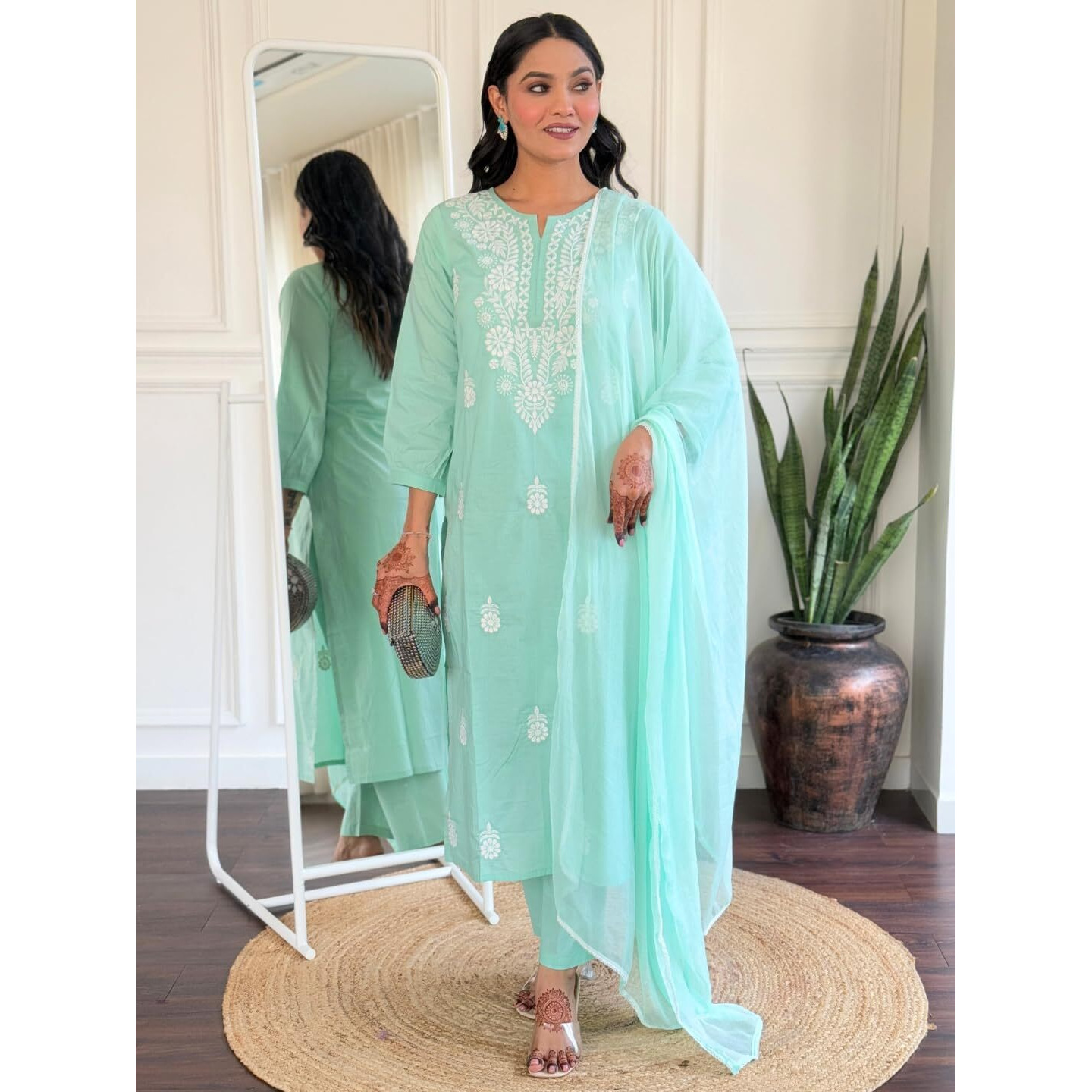 Navlik Women's Firoji Cotton Embroidered Straight Kurta with Cotton Pant and Naylon Dyed Dupatta Sets (NK-631) (Size XXX-Large, Color Firoji)