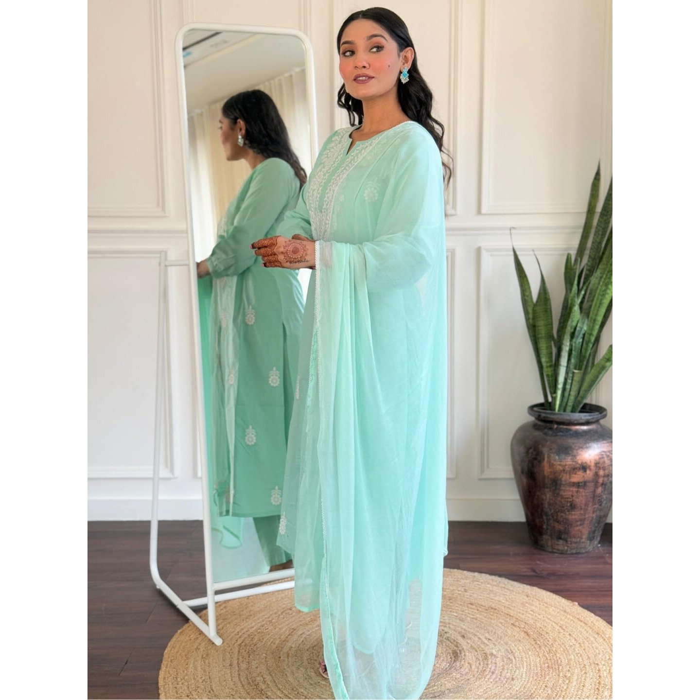 Navlik Women's Firoji Cotton Embroidered Straight Kurta with Cotton Pant and Naylon Dyed Dupatta Sets (NK-631) (Size XX-Large, Color Firoji)