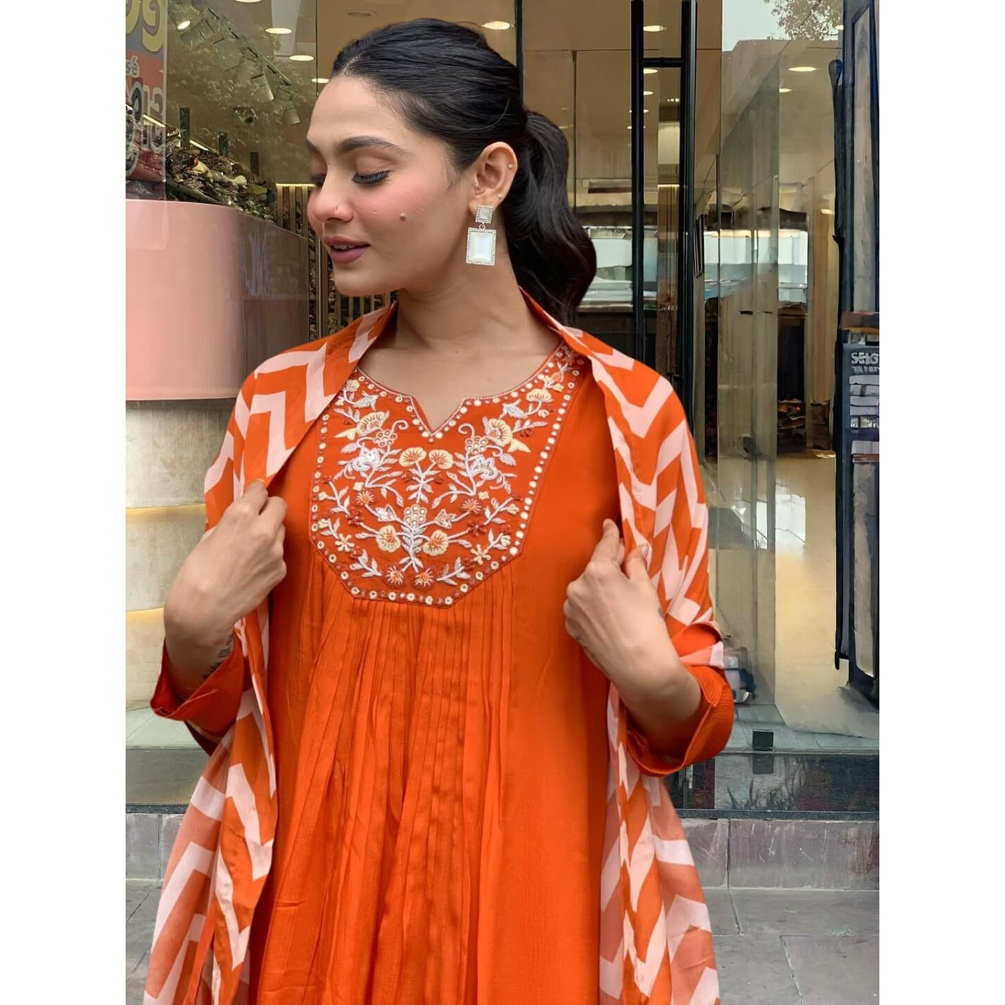 Navlik Women's Orange Chinon with Cotton Lining Embroidered Flared Kurta with Rayon Pant and Chinon Printed Dupatta Sets (NK-634) (Size X-Large, Color Orange)