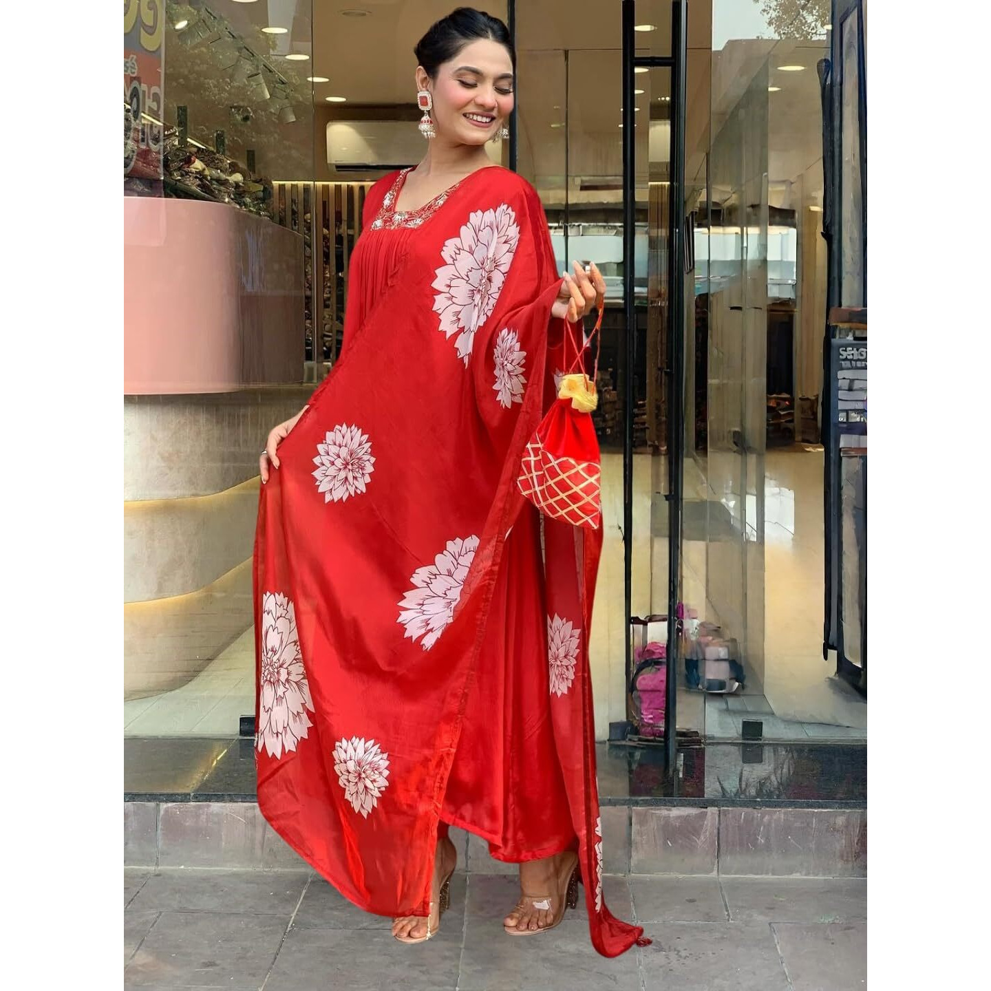 Navlik Women's Red Chinon with Cotton Lining Embroidered Flared Kurta with Rayon Pant and Chinon Printed Dupatta Sets (NK-636) (Size Small, Color Red)