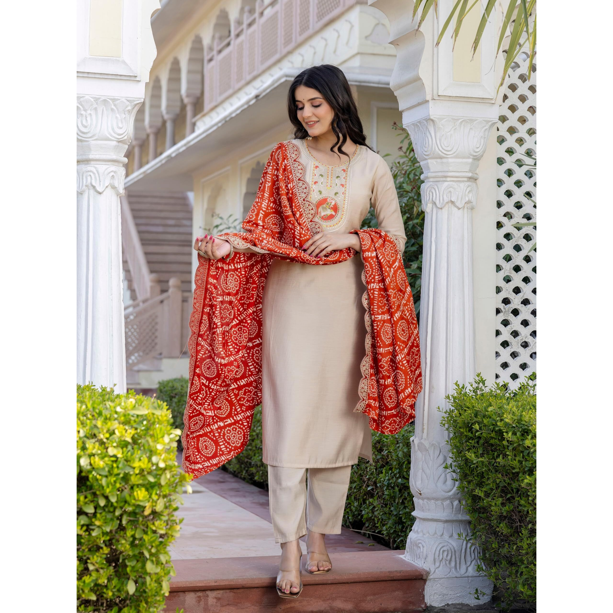 Navlik Women's Chiku BSY Viscose Embroidered Straight Kurta with BSY Viscose Pant and Silk Blend Embroidered Laced Dupatta Sets (NK-637) (Size X-Large, Color Chiku)