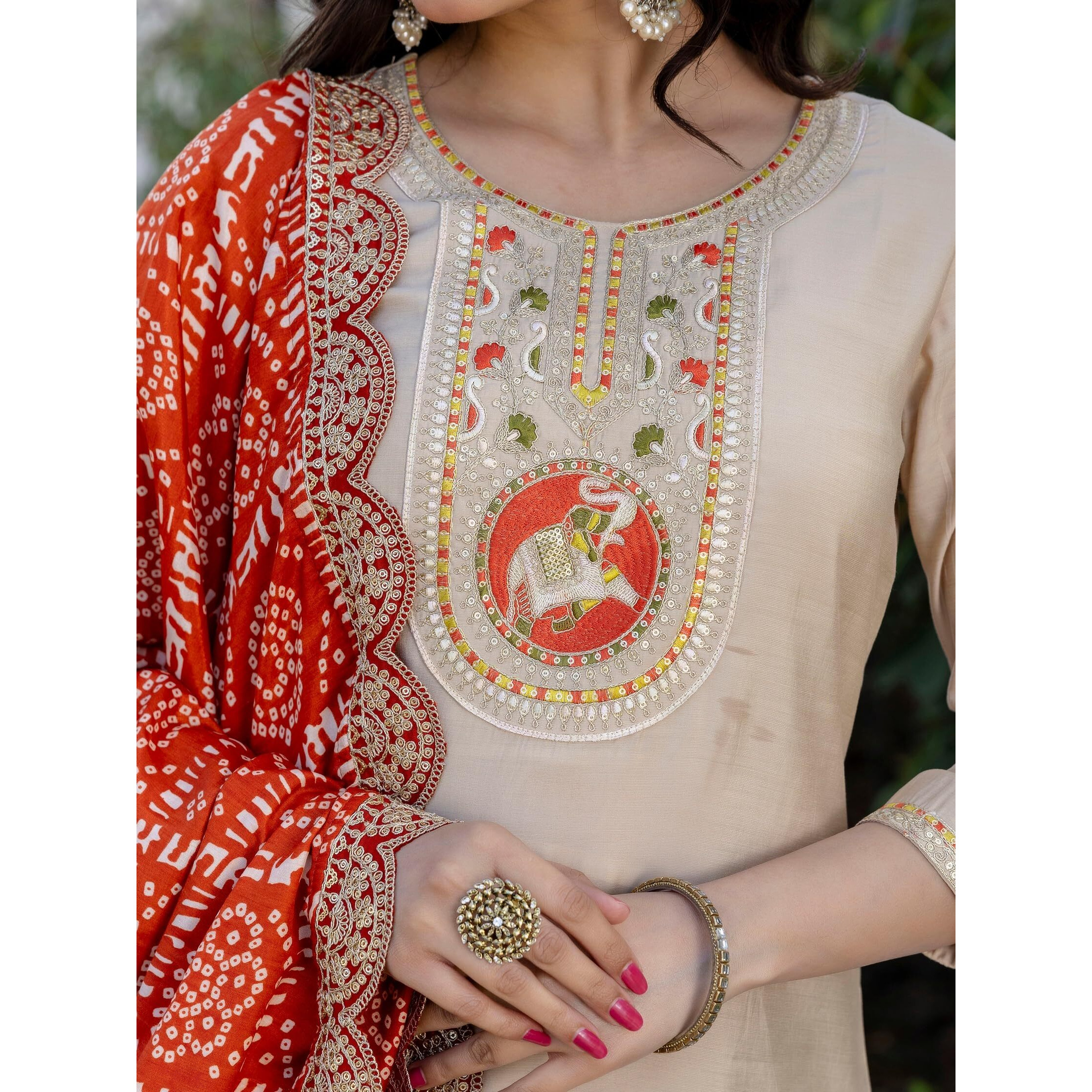 Navlik Women's Chiku BSY Viscose Embroidered Straight Kurta with BSY Viscose Pant and Silk Blend Embroidered Laced Dupatta Sets (NK-637) (Size X-Large, Color Chiku)